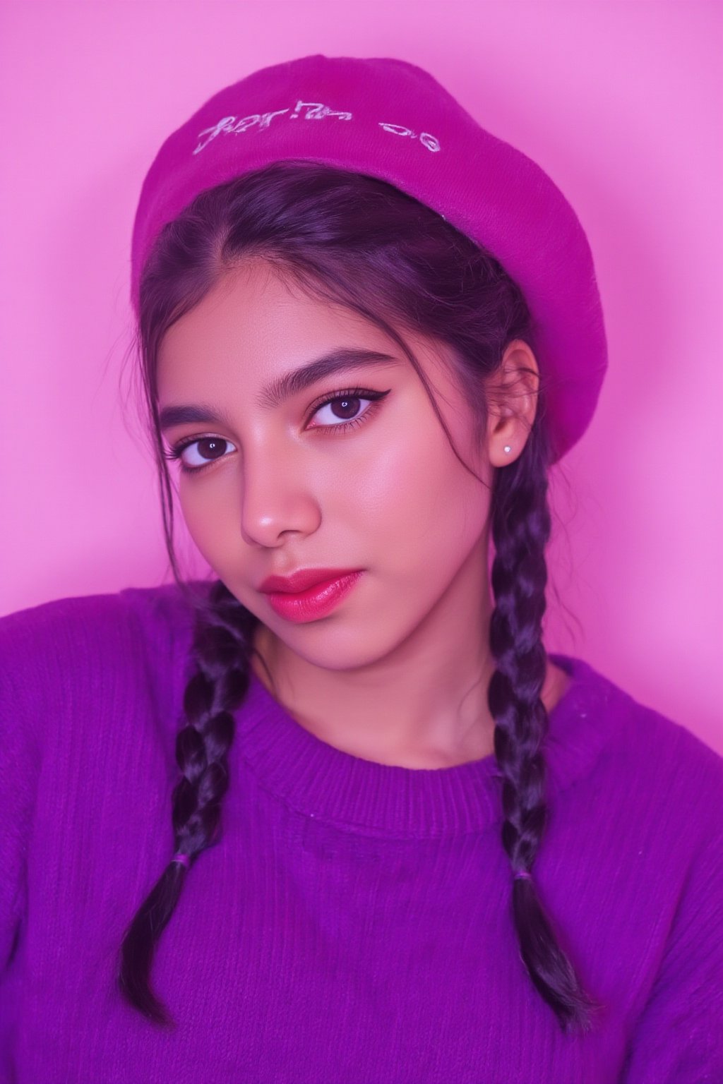 A photorealistic full-body portrait of a stunning 21yo hubggirl with perfect hands. She wears a vibrant purple sweater and double braids adorned with tiny earrings. Her shoulder-length purple hair is styled in intricate braids that cascade down her back. Her eyes are a deep, rich purple, framed by thick eyelashes and subtle makeup. A bold red lip color adds a pop of brightness to the overall gradient background, which transitions seamlessly from pink to purple. The subject's gaze is direct, with a hint of sassiness as she wears a trendy hat and sports a confident smile. Shut up, indeed!,Teenager 