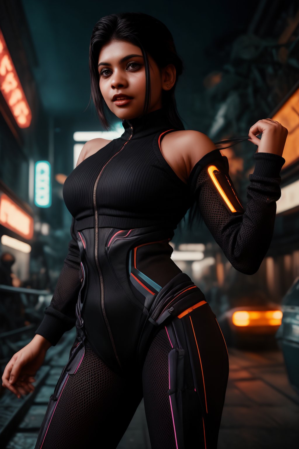 Close-up shot of a stunning woman in a sleek black jumpsuit , her long legs and toned arms glistening under Tron-like neon lights. The camera spins around her, capturing the vibrant Matrix-inspired color palette, with electric blues and fiery oranges dancing across her features. She's posed confidently, one leg bent at an angle, hand on hip, as if ready to take on the virtual world.,Mallu,CyberpunkWorld