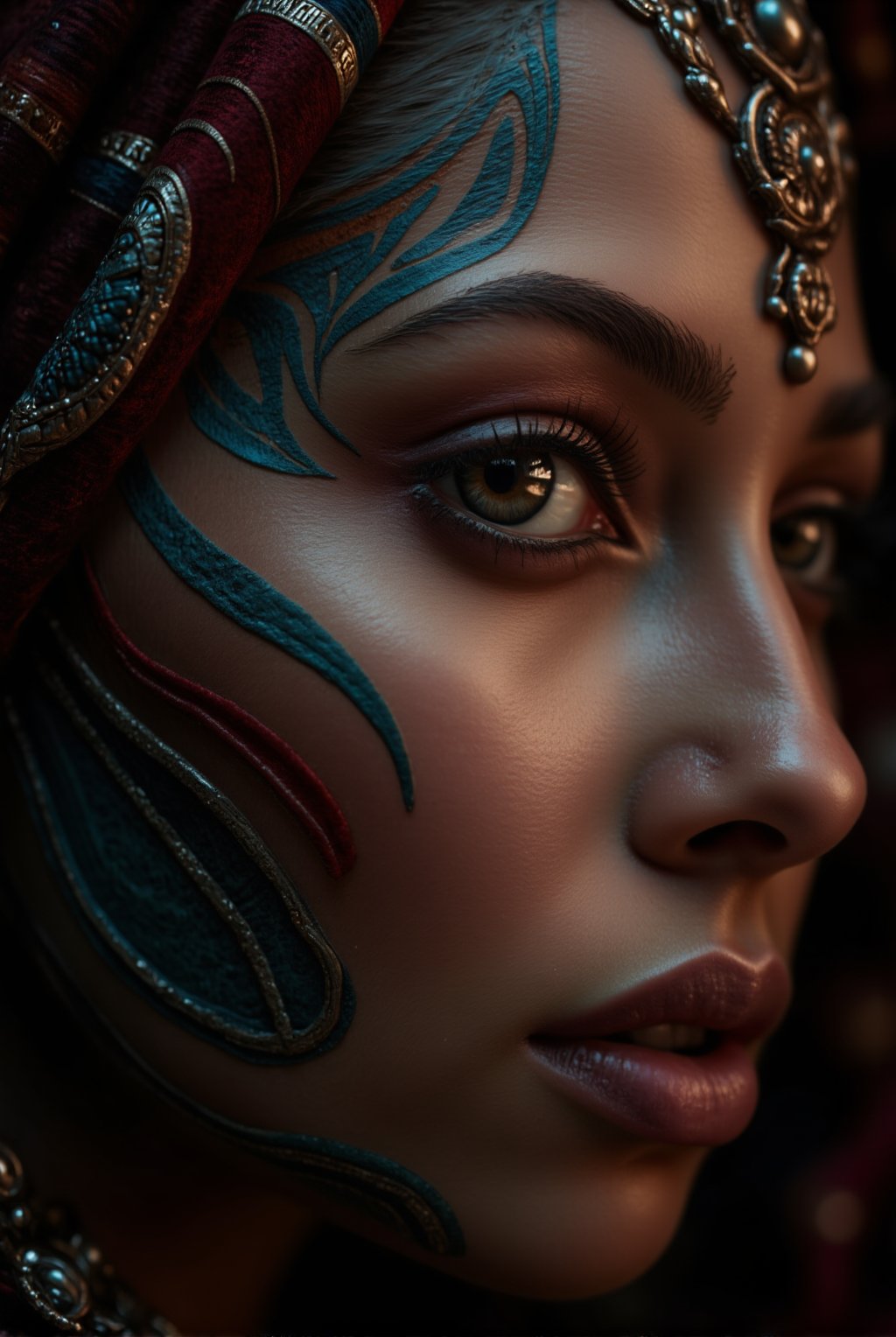 (Best quality), Create an artistic and striking image, (highly detailed and surreal), lighting highlights, abstract contrast, on the part of a face where the details of (one only eye), hyper tunning, made up in a fantasy style and with a tattoo are shown, striking scarf covers the forehead, notable eyelashes, iris of striking colors, the background contrasts the main image and gives focus to it, Ultra-detailed, perfectly focused and sharp, UHD 8K, HDR, artistic photographic style