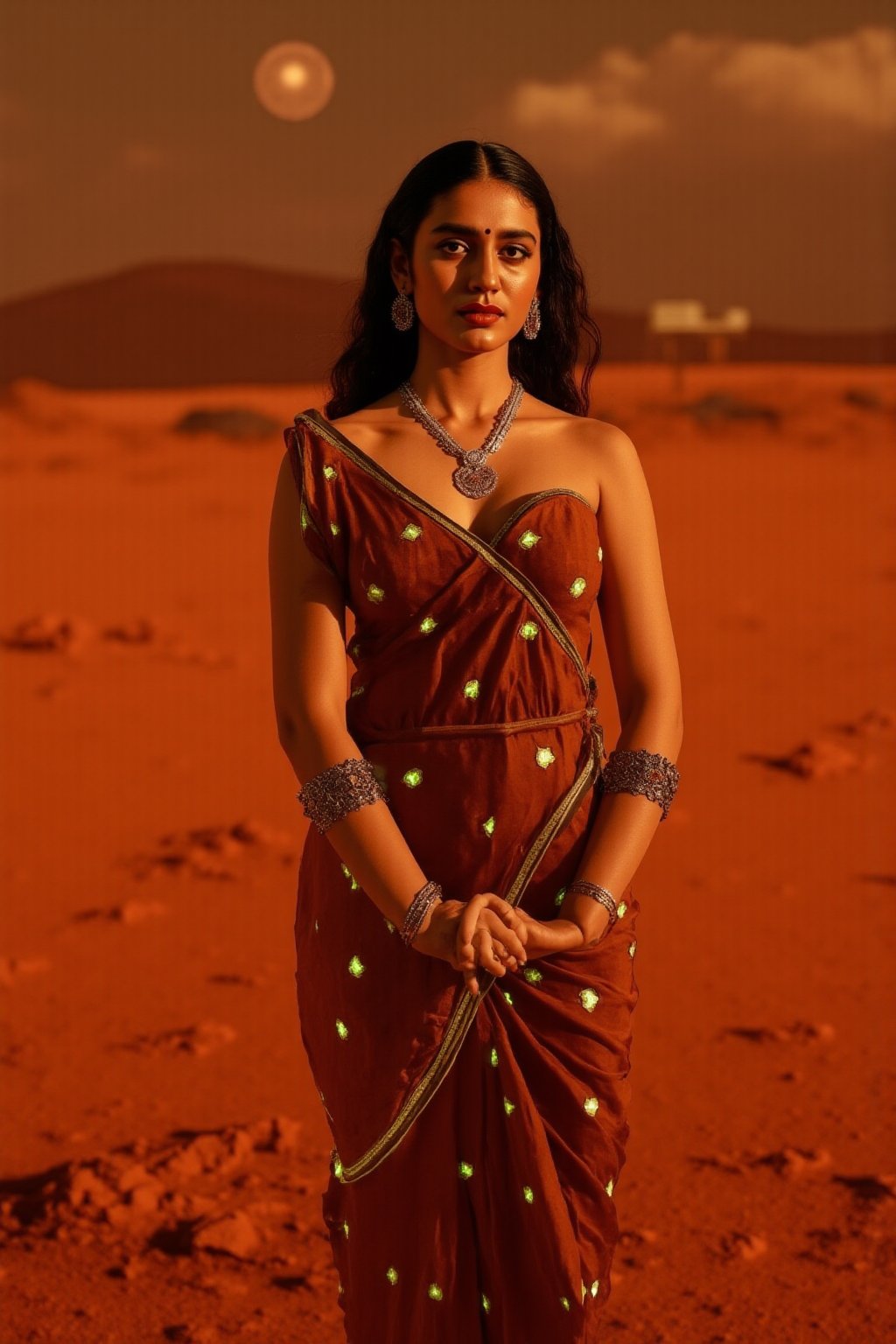 Mars Explorer in Traditional Attire
"A stunning Indian woman stands on the red, rocky surface of Mars, blending elements of her cultural heritage with futuristic technology. Mars rover near She wears a sleek saree, with glowing neon accents:1, customized to reflect traditional Indian motifs, such as intricate gold patterns and a sari-like drape over her shoulder. Her hair wave, mars effect, mars havy sand storm:1.4, revealing a radiant face with sharp, determined eyes. The harsh Martian environment contrasts with her beauty, while the backdrop features the dusty Martian landscape, distant planets, and a futuristic space colony on the horizon. The lighting is dramatic, with warm tones highlighting the red sands of Mars, creating a powerful, cinematic scene captured in ultra-realistic photography."

Details: face texture, perfect eyes, 5 finger on each hands, hair details, costume texture perfect, symmetry, Sharp background,