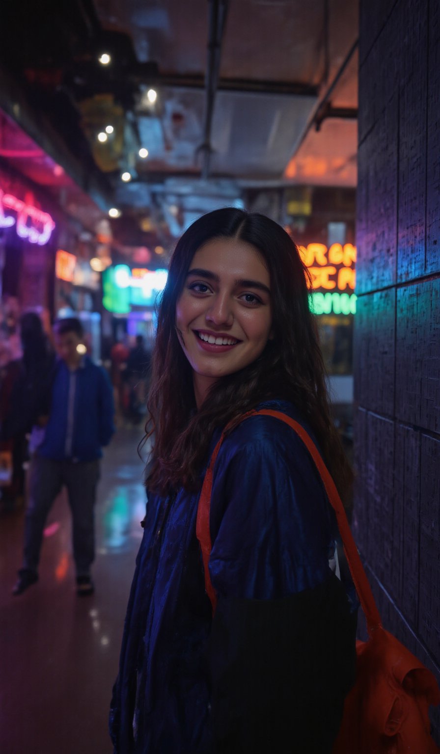 A beautiful girl with black hair, wearing a blue jacket and carrying an orange shoulder bag, standing in a vibrant underground pub with gray tiled walls at night, smiling happily. The atmosphere is fun and inviting, featuring colors like black, blue, dark blue, dark purple, gray, light green, purple, and orange. Neon lights in pink, blue, and green illuminate the space, creating a bokeh and Depth of Fieldeffect. The focus is on the girl from the torso to the head, captured in a cinematic style with a Sony A7R IV full-frame camera.