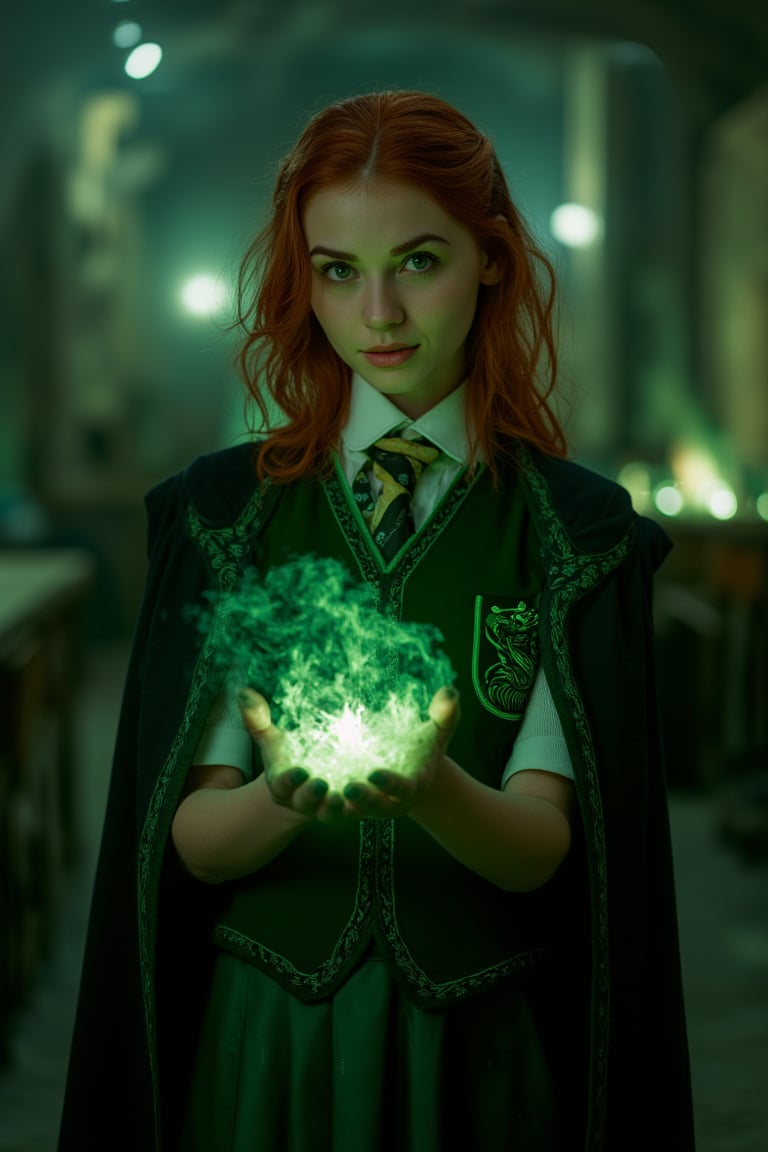 Hogwarts Slytherin woman student with potions in her hands with Hogwarts potions class on background, 8k quality. Green shades, her school uniform is skirt, green vest with long black and green cloak with Slytherin sign, brown eyes, red hair, the image must be striking and high impact, magic photo style, the woman should have an elegant and cunning appearance, green glow from her potions, the background must be dark and magic, night and magic atmosphere, the image must have 8k resolution and a high level of detail, full body,