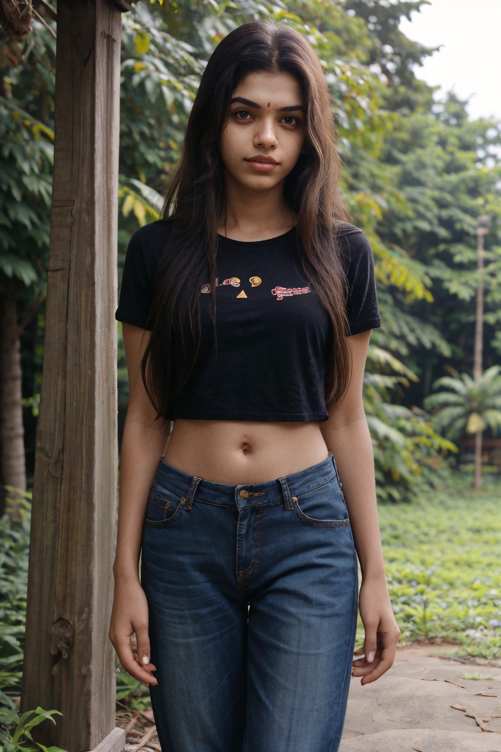 1girl, Kerala beautiful women 18 years old, solo, long hair, brown hair, shirt, t  shaped navel, outdoors, pants, sandals, denim, jeans,  photo background, black mask face 