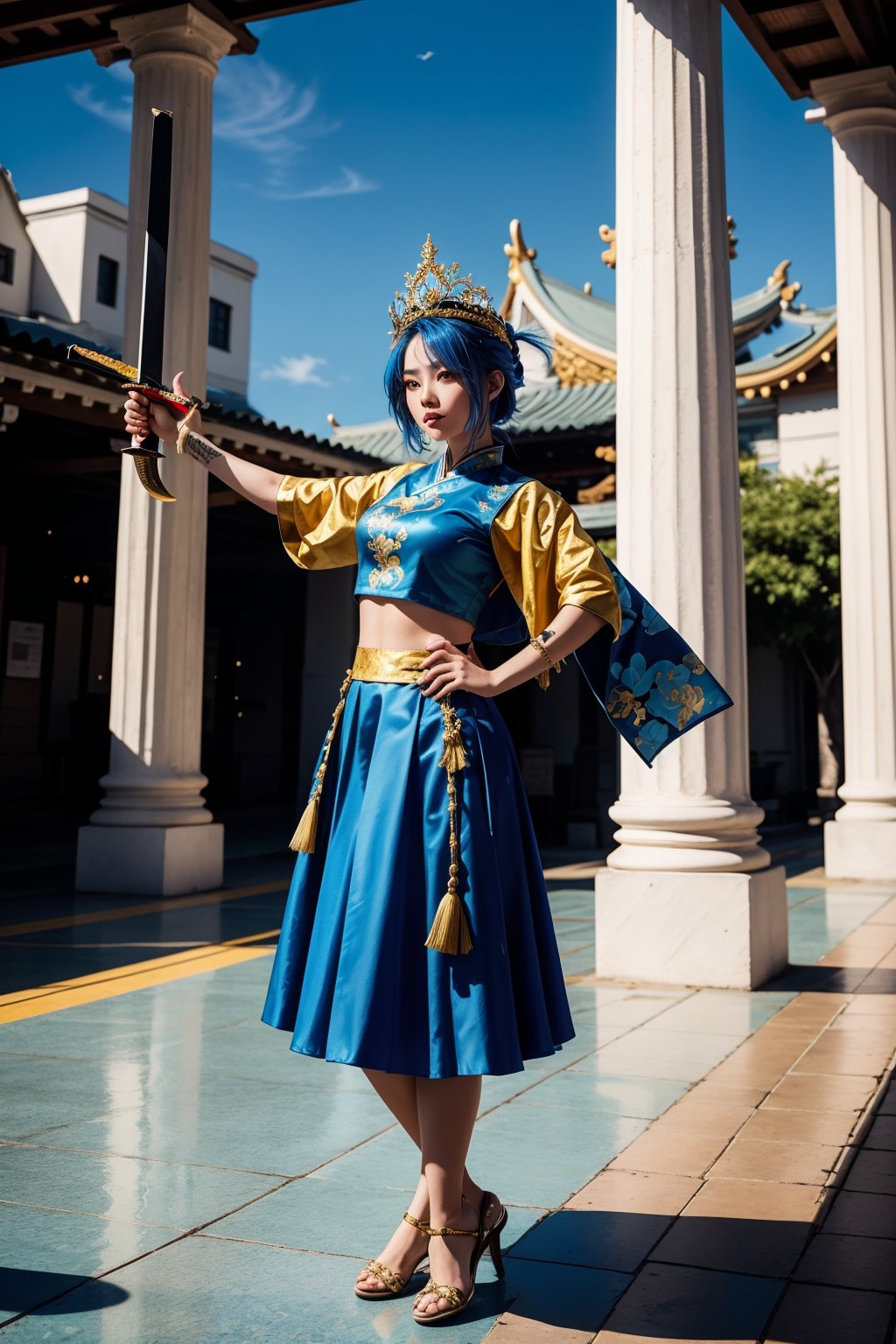 Captured from a low-angle perspective, a vibrant blue-haired woman, dressed in a traditional Asian costume, is adorned with a white and blue skirt, adorned with gold accents. She stands on a tiled floor, her arms stretched out to her sides, revealing a sword in her right hand. Her hair is adorned in a crown, adding a pop of color to her outfit. The sword is held in her left hand, while her right arm is stretched out in front of her. Her left hand is positioned in the air, adding balance to the scene. The scene is set against a backdrop of red pillars, a white building, and a red bench. The sky is a bright, sunny day.