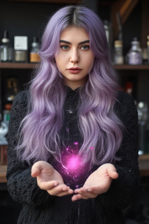 long wavy lavender haired beautiful witch with emerald green eyes and weaving a spell causing pink magical particles to appear iover her head between her hands. background in a witch alchemy lab.,Girl16yo