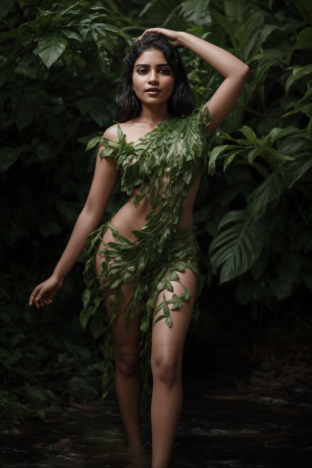 A majestic young woman emerges from the verdant foliage, adorned entirely in a stunning ensemble crafted from delicate Plantain leaves. Red yellow brown colour leafs, Her slender figure is enveloped by a flowing, ethereal gown constructed from thousands of intricately arranged leaves, their gentle curves and soft sheen creating a mesmerizing effect.

The leafy fabric drapes effortlessly around her lithe physique, the subtle rustling of each leaf underscoring the gentle movement of her body as she moves. Her private areas are discreetly concealed by a delicate leafy barrier, its edges carefully positioned to maintain modesty while still showcasing the natural beauty of the surrounding foliage.

The soft, golden light of the sun filters through the leafy canopy above, casting dappled shadows across her skin and illuminating the intricate patterns of the Plantain leaves. A sprinkling of dew-kissed droplets glistens on the leaves, imbuing the overall scene with a serene, idyllic quality.

As she stands within this natural setting, the young woman's presence seems almost an extension of the surrounding vegetation, as if she has been organically grown from the very earth itself. The Plantain leaf costume appears not only beautiful but also eerily lifelike, blurring the lines between her and the natural world around her.,Blossom lady 