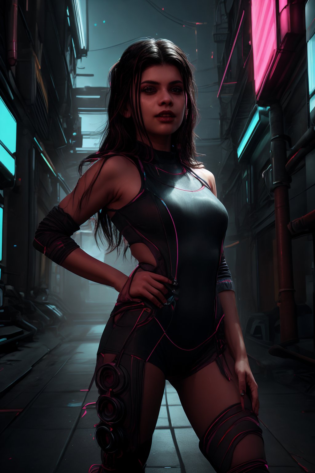 Close-up shot of a stunning woman in a sleek black jumpsuit , her long legs and toned arms glistening under Tron-like neon lights. The camera spins around her, capturing the vibrant Matrix-inspired color palette, with electric blues and fiery oranges dancing across her features. She's posed confidently, one leg bent at an angle, hand on hip, as if ready to take on the virtual world.,Mallu,CyberpunkWorld