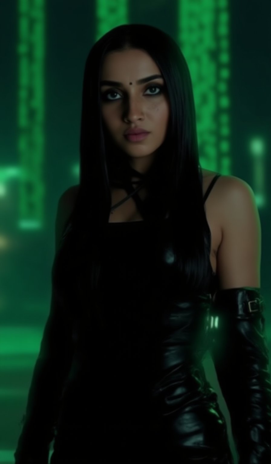 Prompt: A photorealistic portrait of an Indian woman in her late 20s with dark brown skin, long straight black hair, and sharp features. She is dressed in a sleek black saree with futuristic, tech-inspired accessories. Her eyes  giving her a mysterious, powerful look. The background is a dark, cyberpunk cityscape with green digital rain falling behind her, reminiscent of the Matrix. The lighting is low, with glowing neon lights reflecting off her leather outfit, enhancing the dramatic, action-movie atmosphere.,