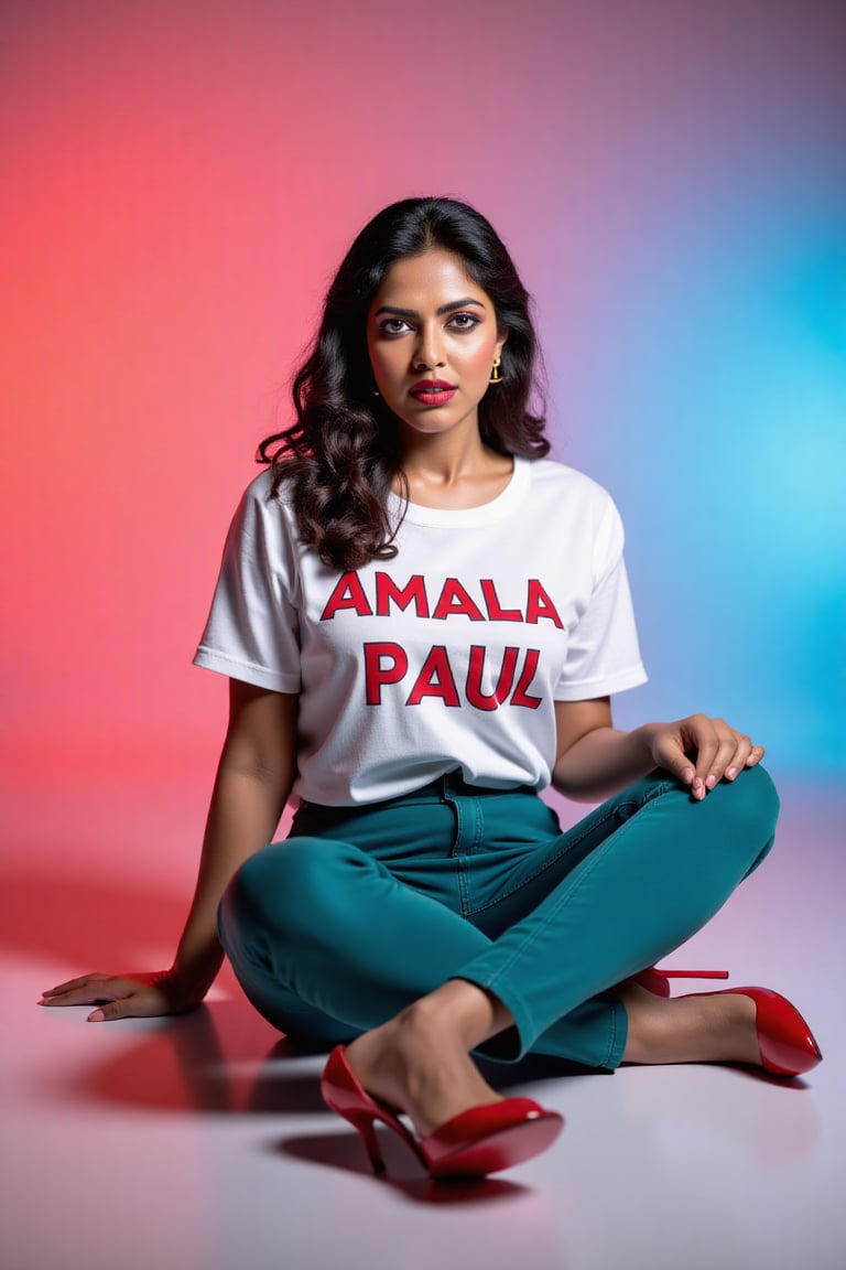 wide and low angle, cinematic, fashion photography. xamala sitting on floor wearing a full size light white t-shirt with big letters \"Amala Paul\" , teal jeans, nice red high heels and a gracious look on her face. The background is a color gradient, her face is lit with cool white light,  studio setting   <lora:xamala-flux-lora:1