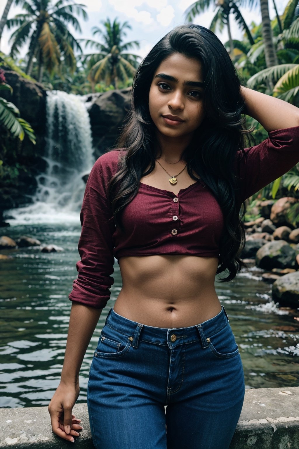 1girl, Kerala beautiful women 18 years old, solo, long hair, brown hair, shirt, t  shaped navel, outdoors, midriff, pants, sandals, denim, jeans,  photo background,Tamil girl