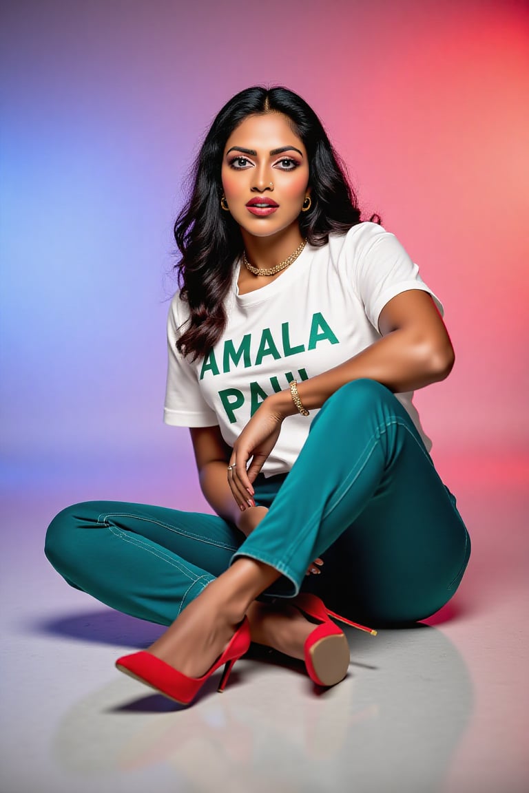 wide and low angle, cinematic, fashion photography. xamala sitting on floor wearing a full size light white t-shirt with big letters \"Amala Paul\" , teal jeans, nice red high heels and a gracious look on her face. The background is a color gradient, her face is lit with cool white light,  studio setting   <lora:xamala-flux-lora:1