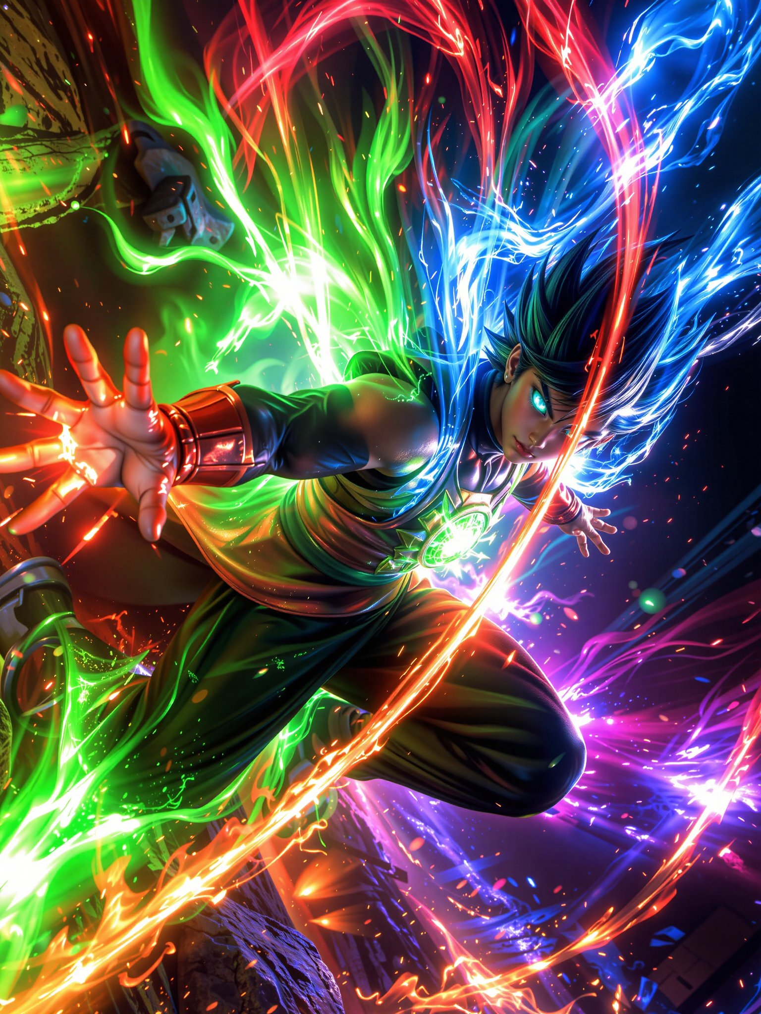 CGI character in a dynamic action pose with powerful red,  green,  and blue chakra flowing from their body by AI factory o...