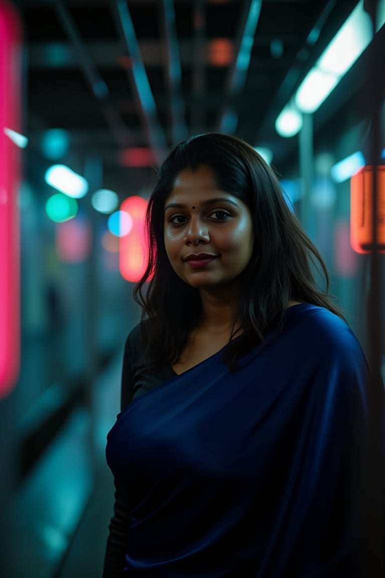 A beautiful mallu women, teal and orange colour lighting in background, futuristic subway, pipeline , wires, light indicators, intricate background, realism,realistic,raw,analog,portrait,photorealistic, taken by Canon EOS,SIGMA Art Lens 35mm F1.4,ISO 200 Shutter Speed 2000,Vivid picture,Mallu beauty, The atmosphere is fun and inviting, featuring colors like black, blue, dark blue, dark purple, gray, light green, purple, and orange. Neon lights in pink, blue, and green illuminate the space, creating a bokeh and Depth of Fieldeffect. The focus is on the girl from the torso to the head, captured in a cinematic style with a Sony A7R IV full-frame camera,Mallu beauty,futuristicportrait