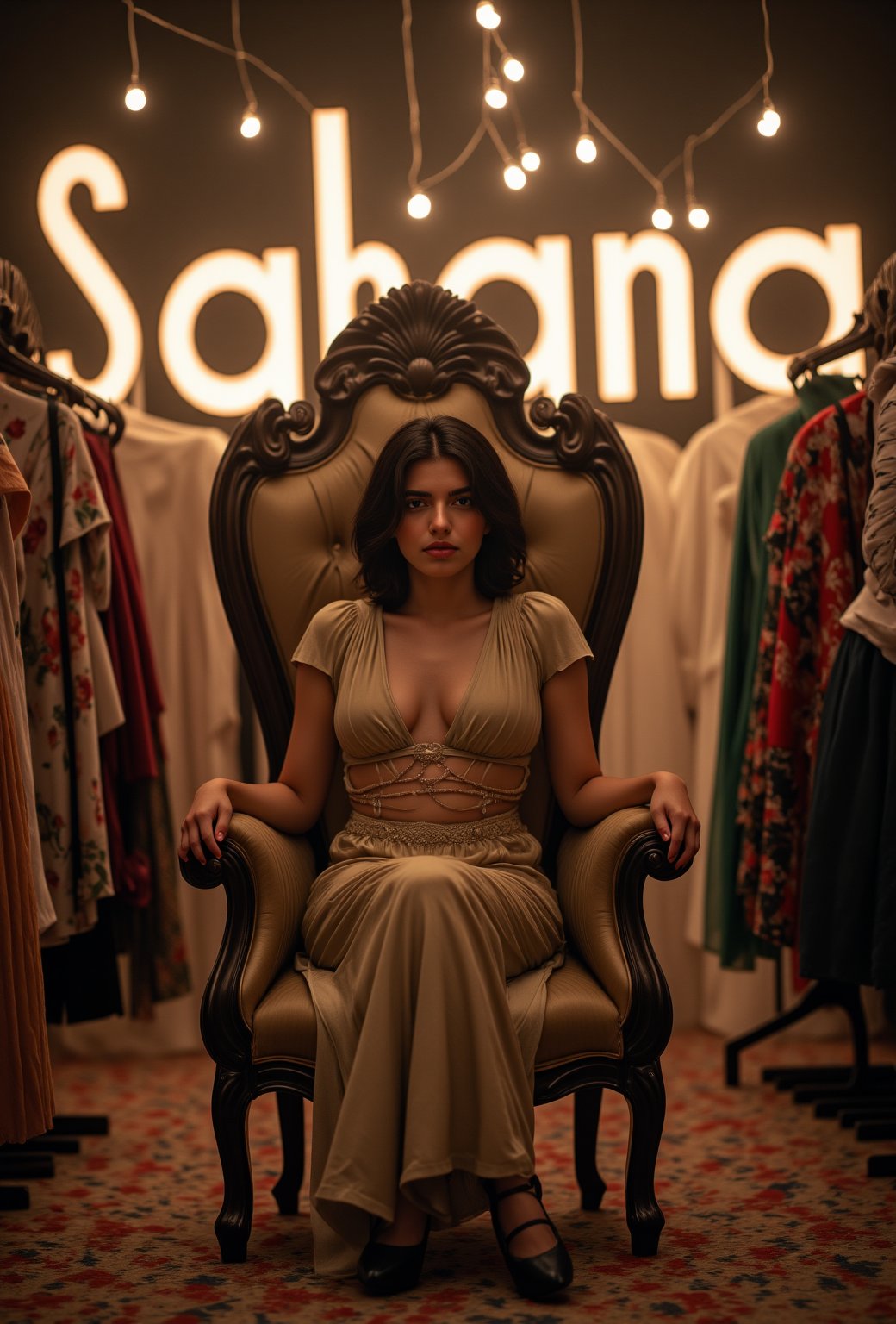 create me something beautiful, sexy, A beautiful woman, dressed in high fashion, sits on a throne in a luxurious boutique shop, surrounded by perfect cinematic lighting. Behind her, the shop's name "sahana" is displayed in oversized glowing letters, commanding attention. Girls in the background casually explore the dresses on display. The scene highlights both the elegance of the boutique and the glowing, bold shop name.,Enhanced all