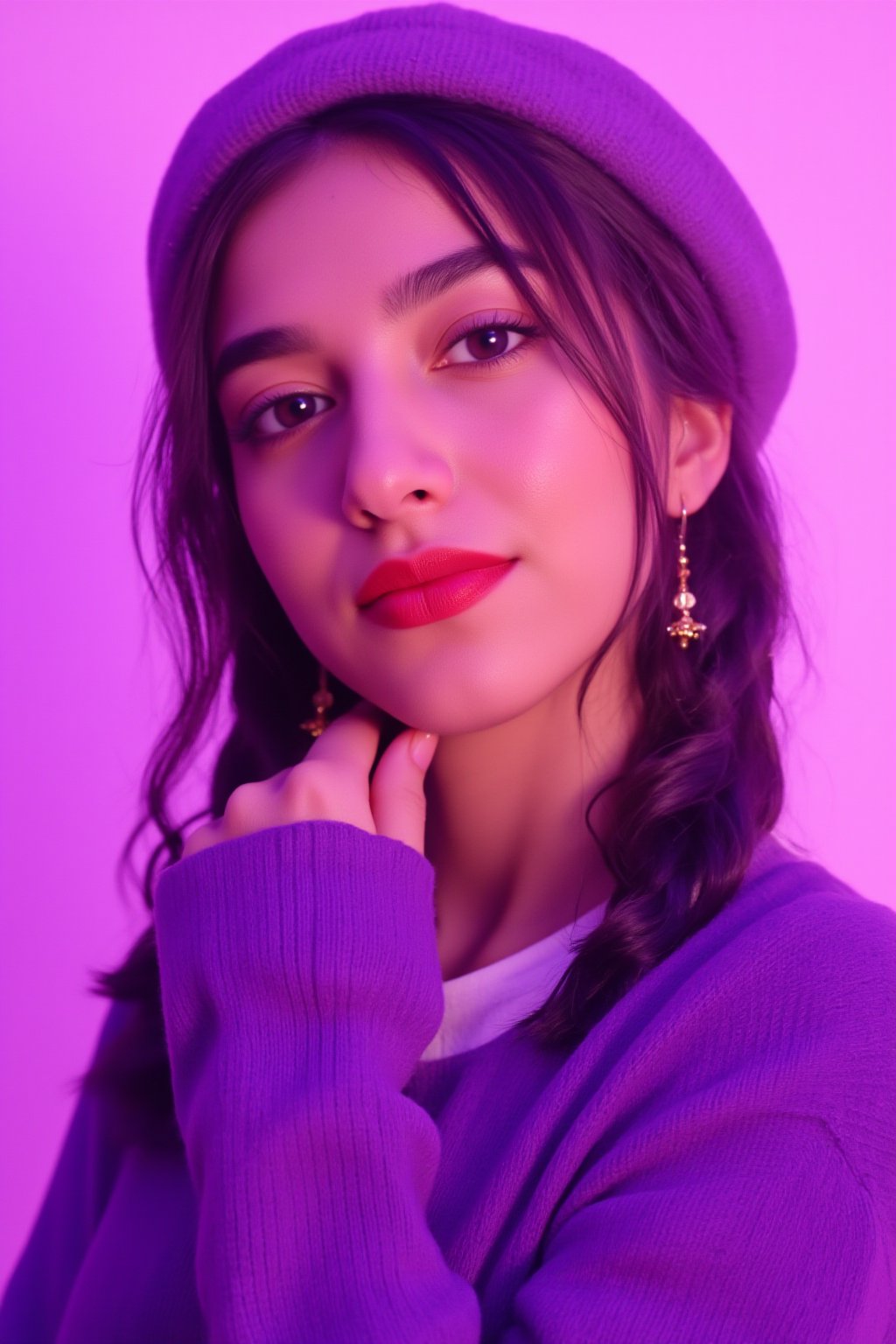 A photorealistic full-body portrait of a stunning 21yo hubggirl with perfect hands. She wears a vibrant purple sweater and double braids adorned with tiny earrings. Her shoulder-length purple hair is styled in intricate braids that cascade down her back. Her eyes are a deep, rich purple, framed by thick eyelashes and subtle makeup. A bold red lip color adds a pop of brightness to the overall gradient background, which transitions seamlessly from pink to purple. The subject's gaze is direct, with a hint of sassiness as she wears a trendy hat and sports a confident smile. Shut up, indeed!,Teenager 