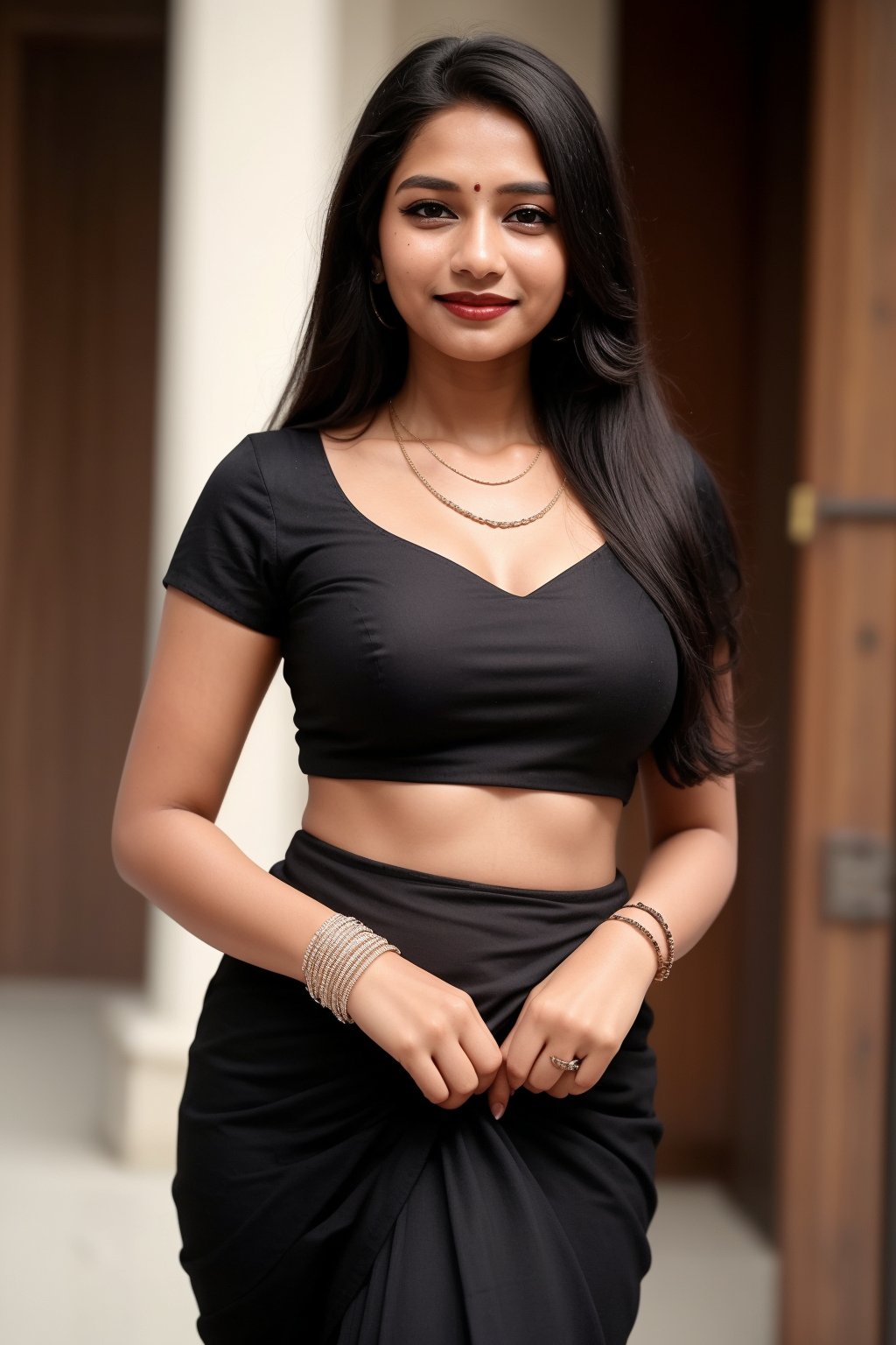 1girl, solo, long hair, looking at viewer, smile, black hair, dress, saree , jewelry, standing, necklace, blurry, black dress, bracelet, realistic, dark skin 