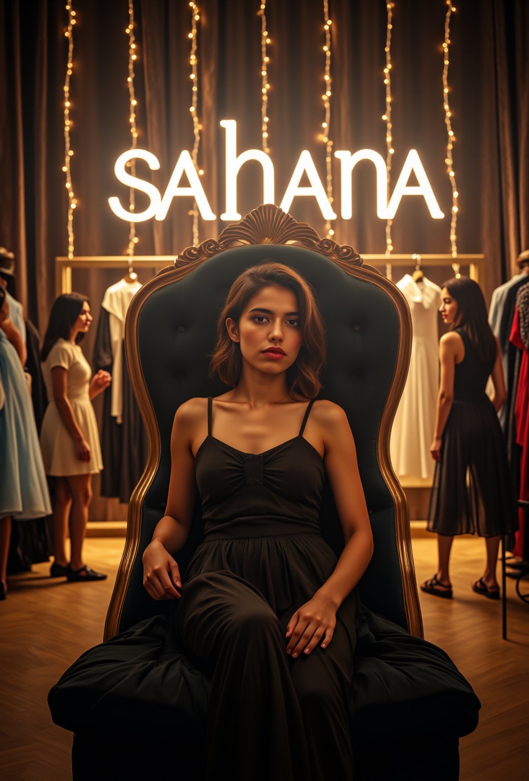 create me something beautiful, sexy, A beautiful woman, dressed in high fashion, sits on a throne in a luxurious boutique shop, surrounded by perfect cinematic lighting. Behind her, the shop's name "sahana" is displayed in oversized glowing letters, commanding attention. Girls in the background casually explore the dresses on display. The scene highlights both the elegance of the boutique and the glowing, bold shop name.,Enhanced all