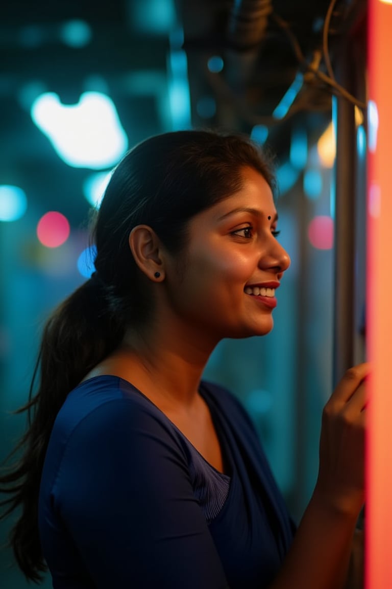 A beautiful mallu women, teal and orange colour lighting in background, futuristic subway, pipeline , wires, light indicators, intricate background, realism,realistic,raw,analog,portrait,photorealistic, taken by Canon EOS,SIGMA Art Lens 35mm F1.4,ISO 200 Shutter Speed 2000,Vivid picture,Mallu beauty, The atmosphere is fun and inviting, featuring colors like black, blue, dark blue, dark purple, gray, light green, purple, and orange. Neon lights in pink, blue, and green illuminate the space, creating a bokeh and Depth of Fieldeffect. The focus is on the girl from the torso to the head, captured in a cinematic style with a Sony A7R IV full-frame camera,Mallu beauty,futuristicportrait,Mallu beauty 