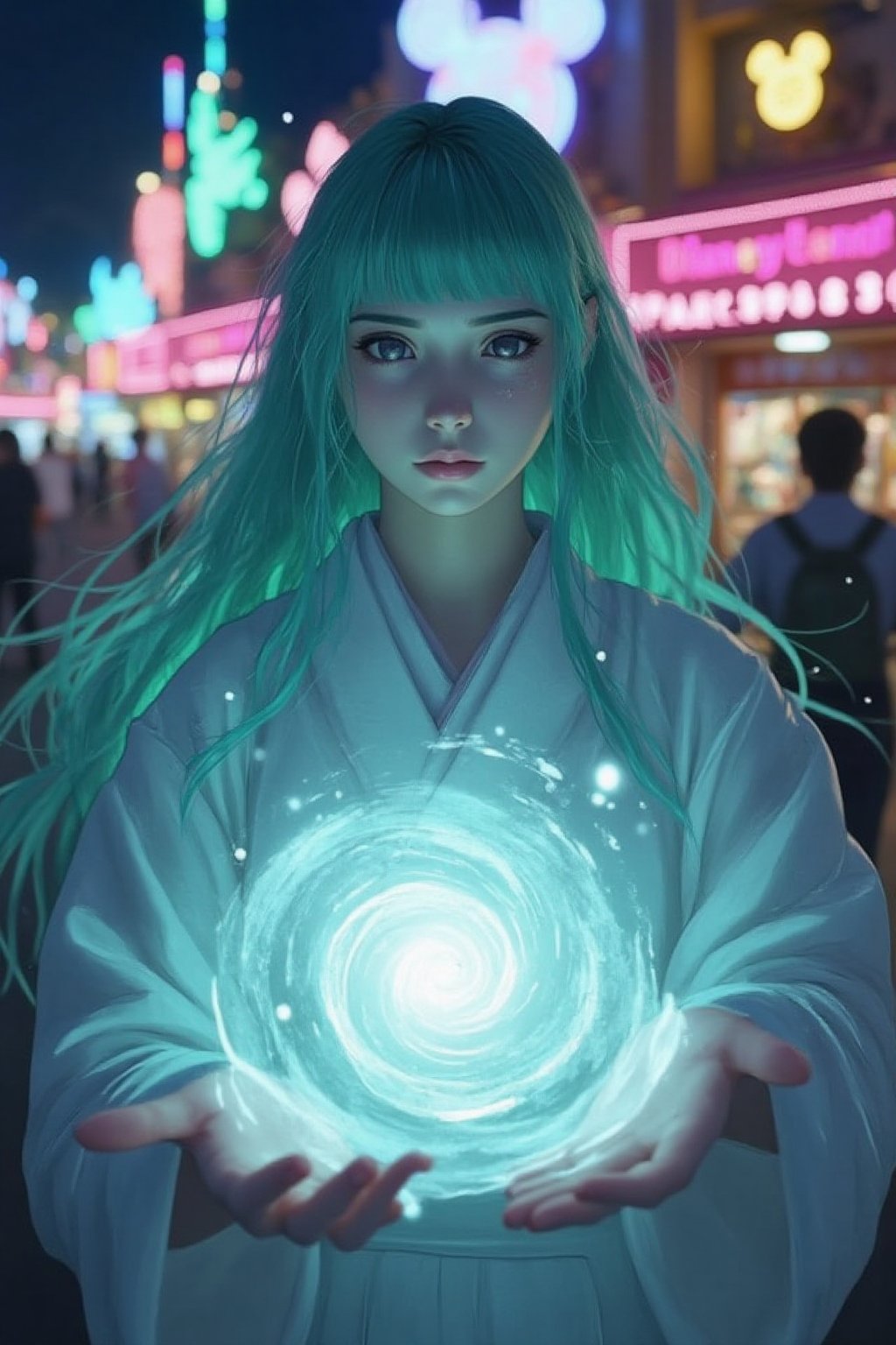 8K, ultra-detailed textures and realistic lighting, beauty and aesthetics, POV, various views, 1girl, solo, cleric, long hair, looking at viewer, bangs, black eyes, closed mouth, light turquoise hair, full body, japanese clothes, blunt bangs, kimono, lips, aqua hair, In Tokyo Disneyland, at night, the Japanese girl stands tall, her crisp white kimono a stark contrast to the noisy surroundings. Colorful neon light Soft, illuminates her porcelain, pale skin, her face illuminated by the glow of a magical circle beneath her. Her hair flows wildly, charged with energy, her eyes focused and determined, her hands outstretched as she summons a swirling vortex of magic. Her vibrant green hair catches the fading moody lighting, framing her serene expression amidst the amusement park, light particles