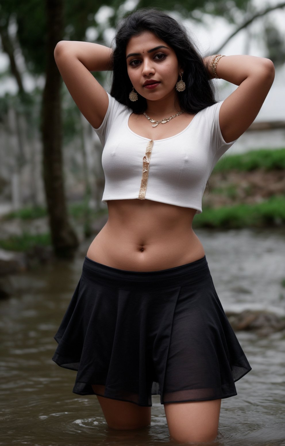 Beautiful curvy women, solo, long hair, skirt, shirt, black hair, jewelry, standing, full body, earrings, midriff, water, blurry, arms up, bracelet, tree, blouse, , blurry background, white skirt, red shirt, long skirt, rock, photo background, Indian traditional dress , 28yo, plumb , not slim, 