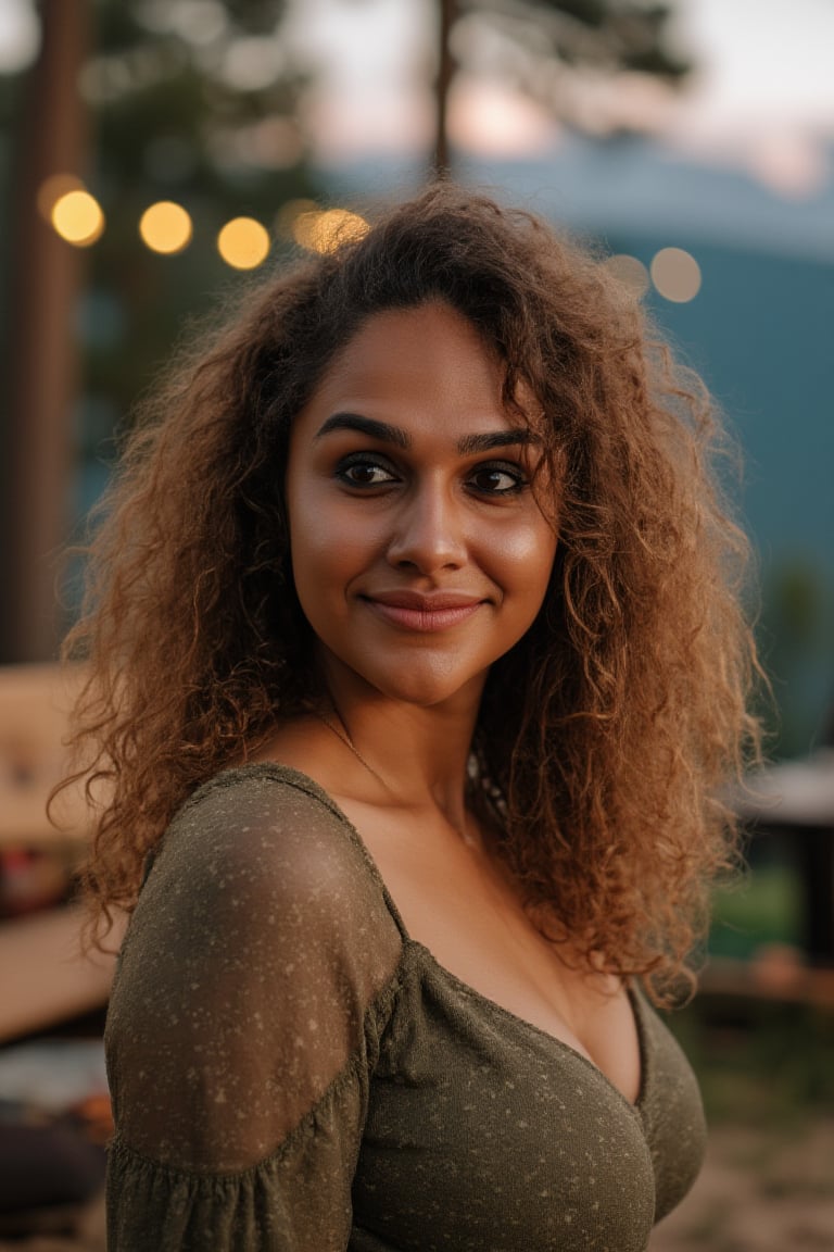 Generate an image of a stunning 38-year-old women, blending Black and Spanish heritage. She has fluffy curly golden brown hair, Type 4 hair, lush and vibrant, falling in loose waves down her back.

Setting:
- Outdoor: A serene mountain campsite at dusk, mountain view
- Soft, warm lighting with subtle shadows and twinkling string lights
- Tall trees surrounding a cozy clearing, with a crackling campfire and rustic wooden benches
- Camping gear and equipment subtly integrated into the scene

Physical Description:
- Fair skin with a subtle, sun-kissed glow
- Bright, expressive hazel eyes
- olive, dark Italian skin

Outfit:
- Comfortable, green earth-toned camping shirt (flannel or fleece)
- Practical hiking pants or leggings
- Warm, cozy cardigan 
- Sturdy hiking boots

Style:
-Effortless, coastal chic
- Confident, carefree, innocent pose

Mood:
- Serene, joyful, and radiant
- Capturing the essence of a relaxed summer afternoon
Inspired by singer Tyla's vibrant energy and style, create a breathtaking image that embodies beauty, elegance, and a laid-back coastal vibe.