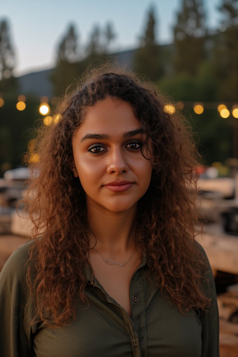 Generate an image of a stunning 38-year-old women, blending Black and Spanish heritage. She has fluffy curly golden brown hair, Type 4 hair, lush and vibrant, falling in loose waves down her back.

Setting:
- Outdoor: A serene mountain campsite at dusk, mountain view
- Soft, warm lighting with subtle shadows and twinkling string lights
- Tall trees surrounding a cozy clearing, with a crackling campfire and rustic wooden benches
- Camping gear and equipment subtly integrated into the scene

Physical Description:
- Fair skin with a subtle, sun-kissed glow
- Bright, expressive hazel eyes
- olive, dark Italian skin

Outfit:
- Comfortable, green earth-toned camping shirt (flannel or fleece)
- Practical hiking pants or leggings
- Warm, cozy cardigan 
- Sturdy hiking boots

Style:
-Effortless, coastal chic
- Confident, carefree, innocent pose

Mood:
- Serene, joyful, and radiant
- Capturing the essence of a relaxed summer afternoon
Inspired by singer Tyla's vibrant energy and style, create a breathtaking image that embodies beauty, elegance, and a laid-back coastal vibe.