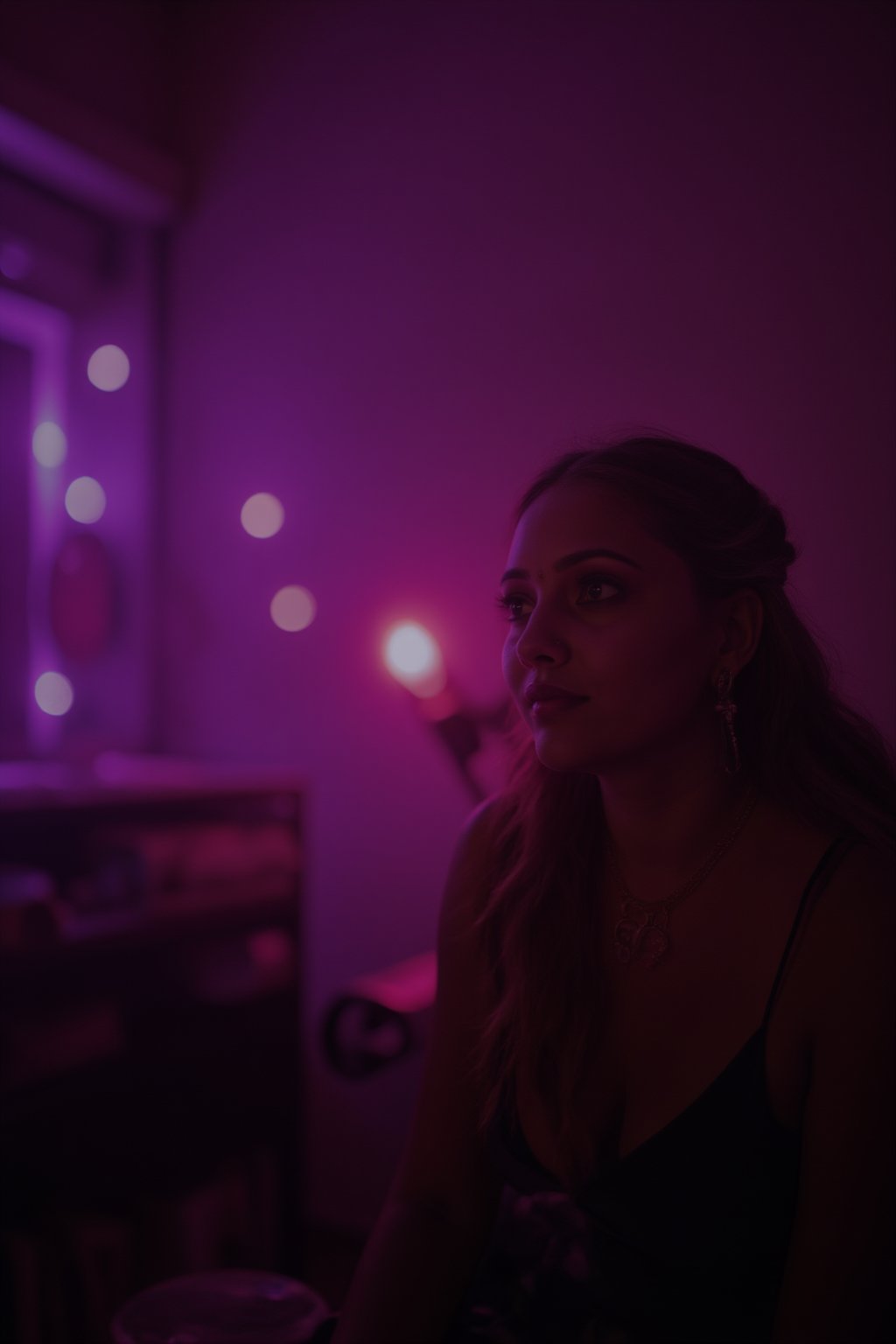 cinematic, A young woman with blonde hair sits in a dimly lit room, illuminated by soft purple and pink lighting. She gazes thoughtfully into the distance, with a bokeh of lights in the background, creating an intimate and contemplative atmosphere., film grain, Short telephoto focal length, shot on ALEXA 65,30yo