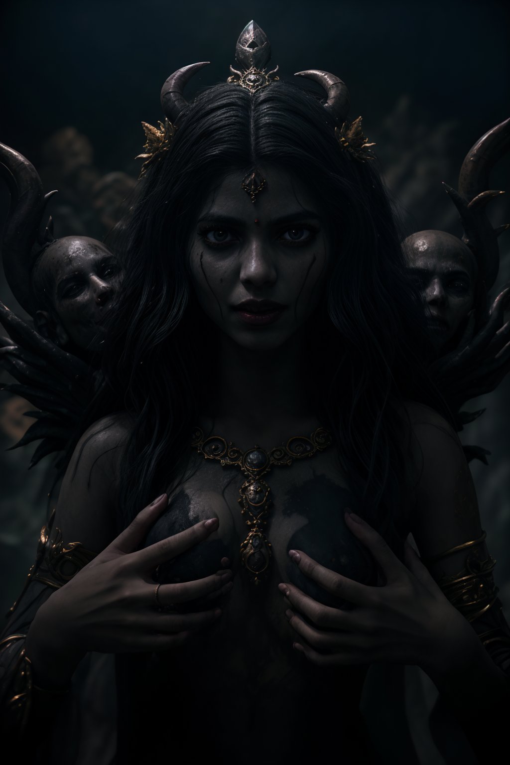 A powerful and terrifying portrayal of the Hindu goddess Kali Maa,  depicted with either black or dark blue skin that radi...