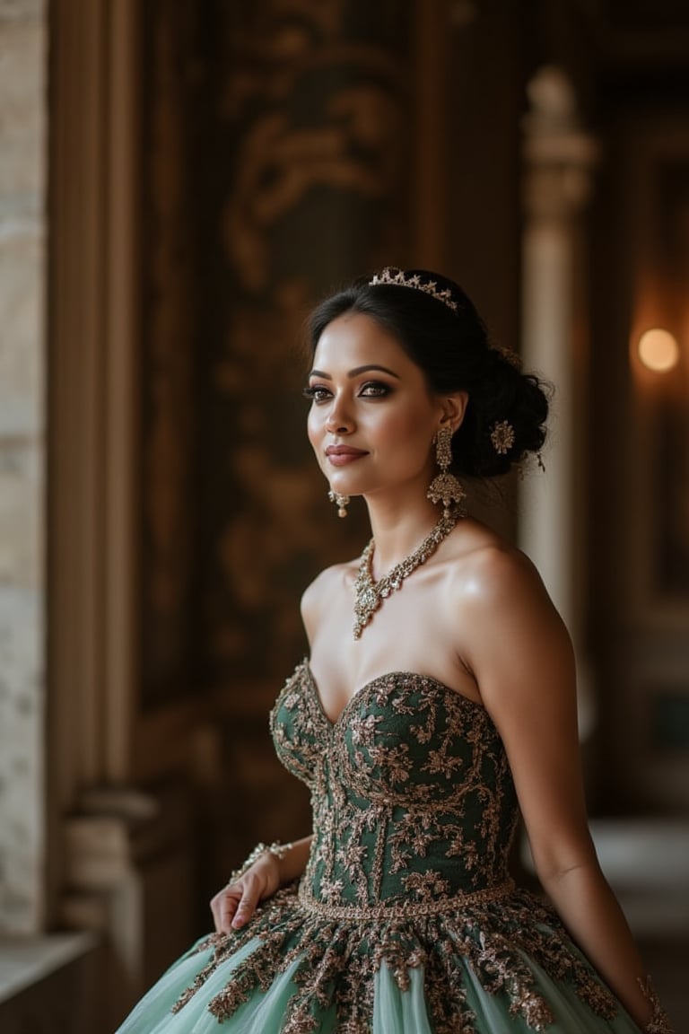 ohwx woman exudes elegance in a sophisticated glamour shot, her sumptuous evening gown set off against a grand, ornate backdrop.,mallu