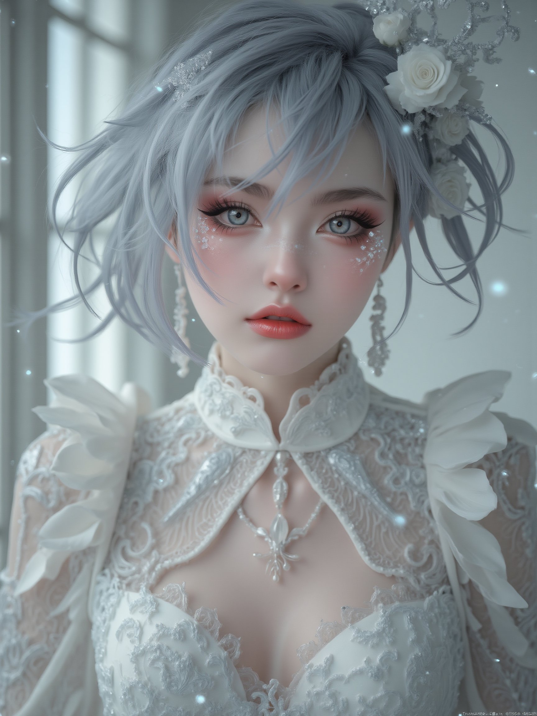 Silver perm hair, 27 year old Finnish girl, porcelain pale skin, subtle light, glossy red lips, delicate grey eyes with long white eyelashes, intense gaze, glowing pupils match her dress, which is completed by a gorgeous white silk costume decorated with an intricate grey rose pattern. A deep V-neck adds to the dramatic mood, and mysterious sparkling white particles float around, creating a magical atmosphere. The pure white wall with light shows the meticulous attention to detail, with every hair and dress's ornate decorations depicted in high definition in this highly realistic photograph. (Photorealistic: 1.4), (Masterpiece, Illustration-realistic: 1.1),Cosplay 