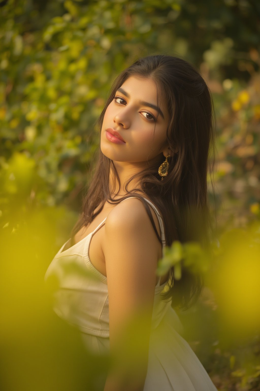 A stunning portrait of Kalyani Priyadarshan, framed by a warm golden light. She sits serenely in a lush greenery-filled setting, her long hair cascading down her back like a gentle waterfall. Her eyes sparkle with quiet confidence as she gazes softly into the distance.