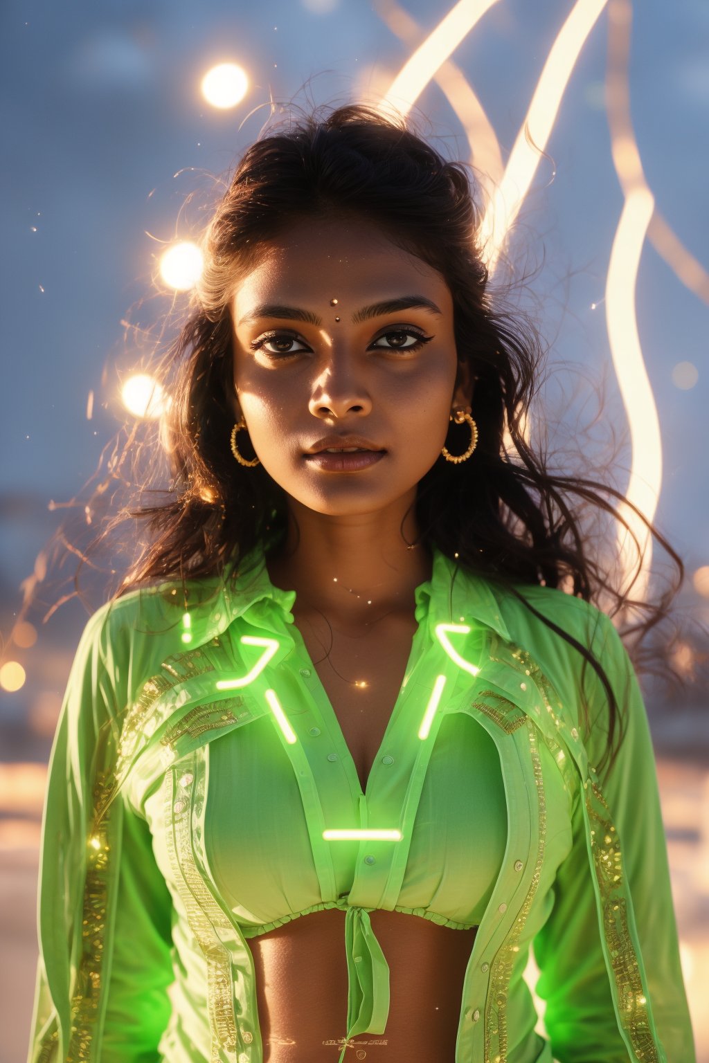 A young and fashionable Kerala woman is standing in a square in a metropolis. Behind the woman, a bolt of lightning struck straight towards the ground,close_up,cowboy_shot,Neon,Face,Glow,lightning,(lightning),(lightning background),thunder,lightning bolt