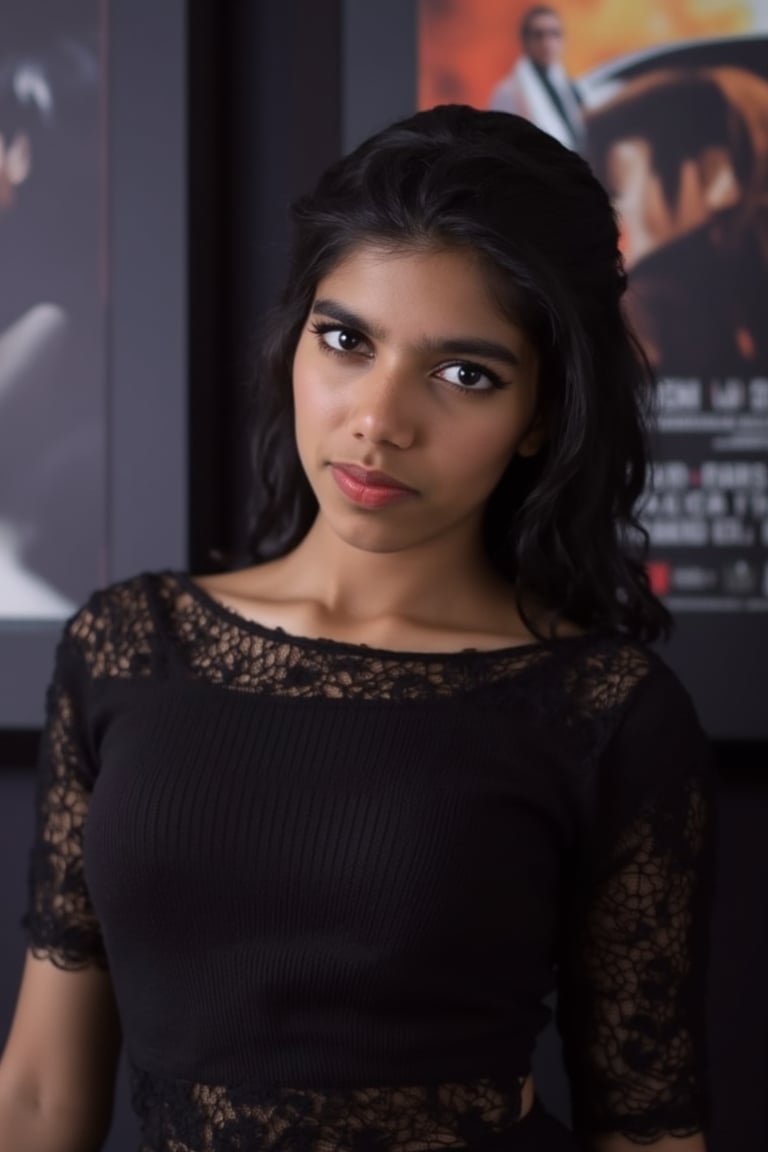  A young woman stands confidently against a movie poster backdrop, her gaze directed straight at the camera, exuding an air of confidence and allure, She wears a black top with a lace pattern, her features softly highlighted by even lighting, Off-center placement draws the viewer's eye towards her, while a subtle hint of a man in the background adds depth to the scene, The movie poster suggests a possible movie theater setting, 