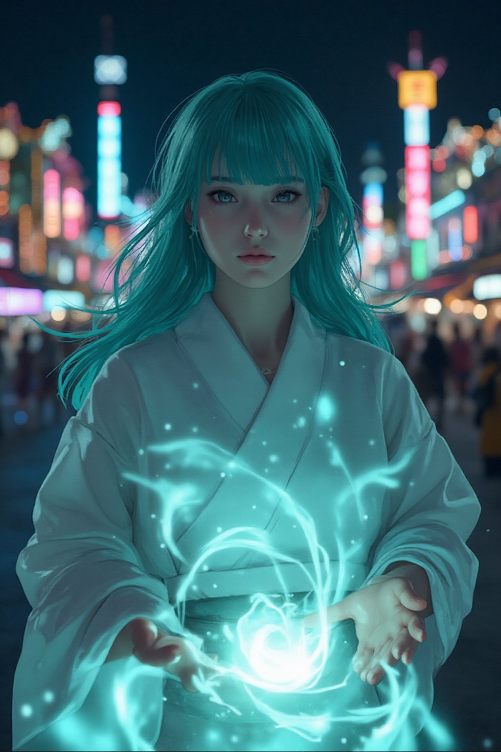 8K, ultra-detailed textures and realistic lighting, beauty and aesthetics, POV, various views, 1girl, solo, cleric, long hair, looking at viewer, bangs, black eyes, closed mouth, light turquoise hair, full body, japanese clothes, blunt bangs, kimono, lips, aqua hair, In Tokyo Disneyland, at night, the Japanese girl stands tall, her crisp white kimono a stark contrast to the noisy surroundings. Colorful neon light Soft, illuminates her porcelain, pale skin, her face illuminated by the glow of a magical circle beneath her. Her hair flows wildly, charged with energy, her eyes focused and determined, her hands outstretched as she summons a swirling vortex of magic. Her vibrant green hair catches the fading moody lighting, framing her serene expression amidst the amusement park, light particles