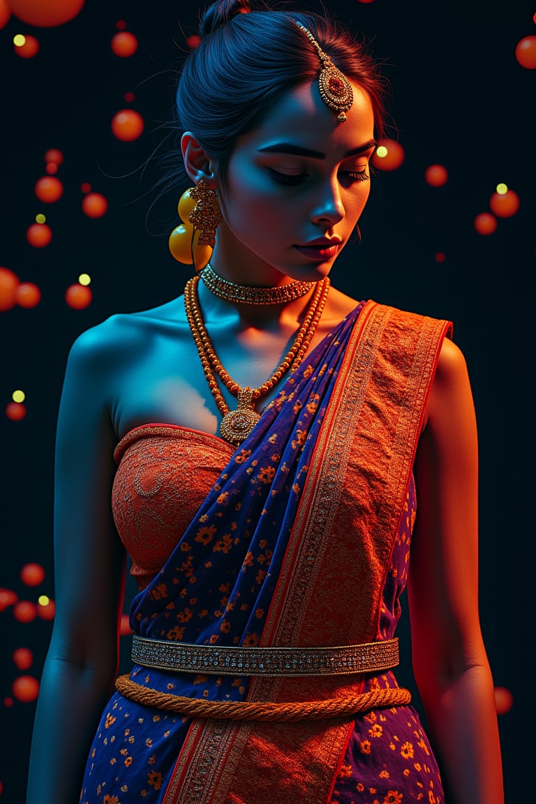 a mallu woman in saree, navel. 

  fantasy beauty, biochemiluminescence, art nouveau, bright colors,  optical illusion 3D art), detailed textures, high quality, high resolution, high precision, realism , color correction, proper lighting settings, harmonious composition, Behance works,Details,Details,Texture,Details 