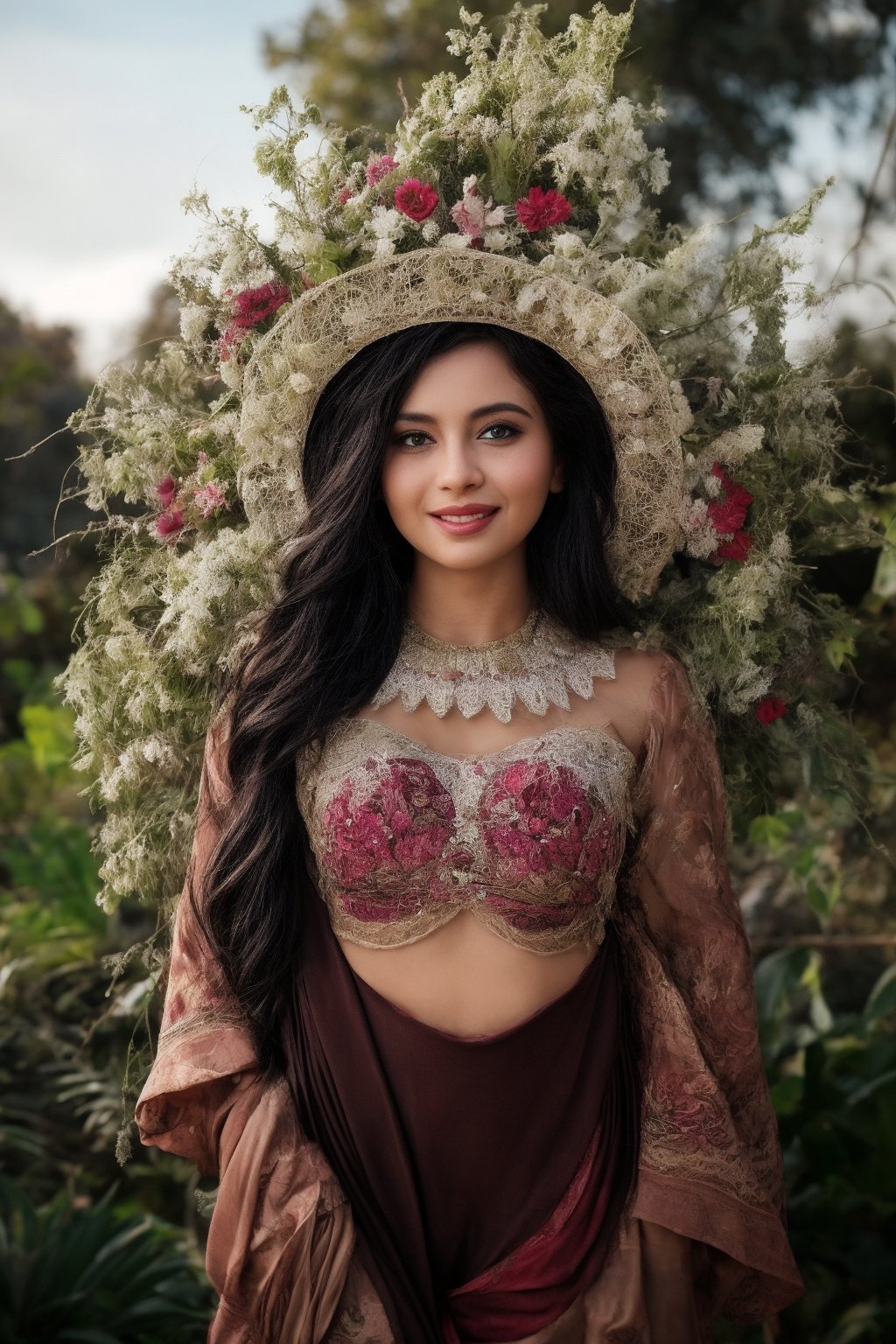 A stunning young woman in a traditional Arab national costume adorned with intricate embroidery and ornaments, beaming with a warm smile as she poses amidst the vibrant blooms of a botanical garden on a radiant sunny day. Her big eyes sparkle like diamonds against the soft, golden light, while the lush greenery and colorful flowers create a lush backdrop for her elegant beauty.