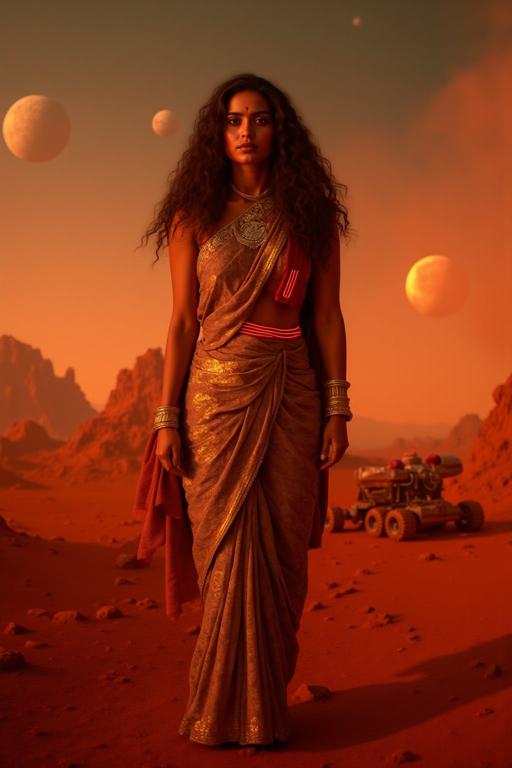 Mars Explorer in Traditional Attire
"A stunning Indian woman stands on the red, rocky surface of Mars, blending elements of her cultural heritage with futuristic technology. Mars rover near She wears a sleek saree, with glowing neon accents:1, customized to reflect traditional Indian motifs, such as intricate gold patterns and a sari-like drape over her shoulder. Her hair wave, mars effect, mars havy sand storm:1.4, revealing a radiant face with sharp, determined eyes. The harsh Martian environment contrasts with her beauty, while the backdrop features the dusty Martian landscape, distant planets, and a futuristic space colony on the horizon. The lighting is dramatic, with warm tones highlighting the red sands of Mars, creating a powerful, cinematic scene captured in ultra-realistic photography."

Details: face texture, perfect eyes, 5 finger on each hands, hair details, costume texture perfect, symmetry, Sharp background,