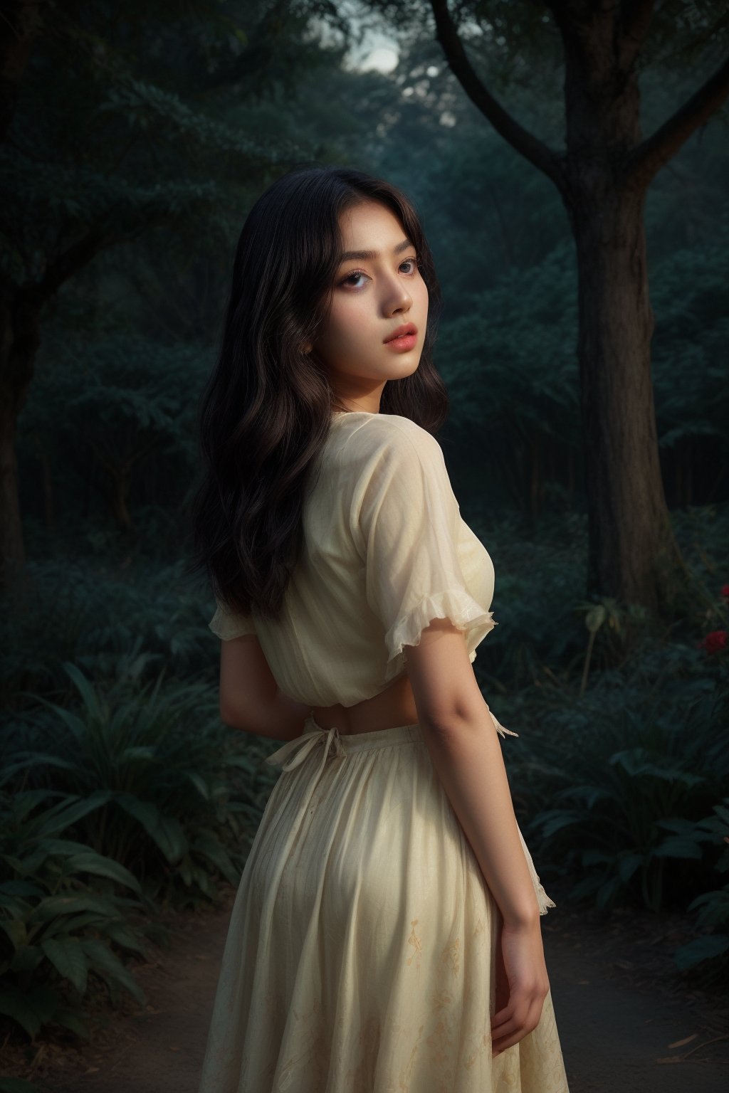  In dark night glowing butterfly, In this stunning 8K photo, red long skirt, gown, long designer yellow blouse, a serene foggy garden sets the stage for a mesmerizing portrait of a 17-year-old Indian women. Beautiful face,  attractive Big eye, Her flawless complexion glows softly under the misty atmosphere's subtle lighting, highlighting her striking features: large eyes and proper breasts. The lush green grass and vibrant black roses surrounding her create a picturesque backdrop, accentuating her natural beauty. Red, ultra realistic photography, She poses elegantly in a gorgeous long-pavada skirt in soft,17 old girl,dusky ,Muscular beautiful girl ,Darkness Forest,Magic Forest