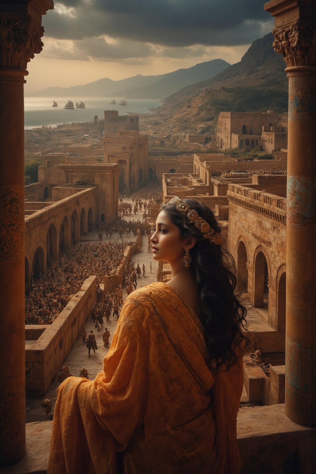 ultrarealistic photography, A resolute Mycenaean queen, draped in a finely woven tunic of saffron-dyed linen and a golden diadem engraved with Minoan spirals, stands on the battlements of her citadel as an enemy army approaches the fortified walls of her city. Behind her, towering cyclopean walls, built with massive limestone blocks, protect the ancient city of Mycenae. Warriors in bronze armor, wielding shields and spears, stand ready for battle. The queen’s gaze is fixed on the distant sea, where ships with black sails signal the coming of invaders. Around her, the rich culture of Mycenaean Greece is evident—the frescoes on the palace walls depict scenes of battle and ritual, and the throne room glows with the faint flicker of oil lamps as her advisors strategize. The sky above is darkening, the air thick with tension, as the last light of day illuminates the mountains that cradle her kingdom.,JoeyKingFlux,NithyaMenonFlux,Size 32 25 34,23 yo women,Mallu.