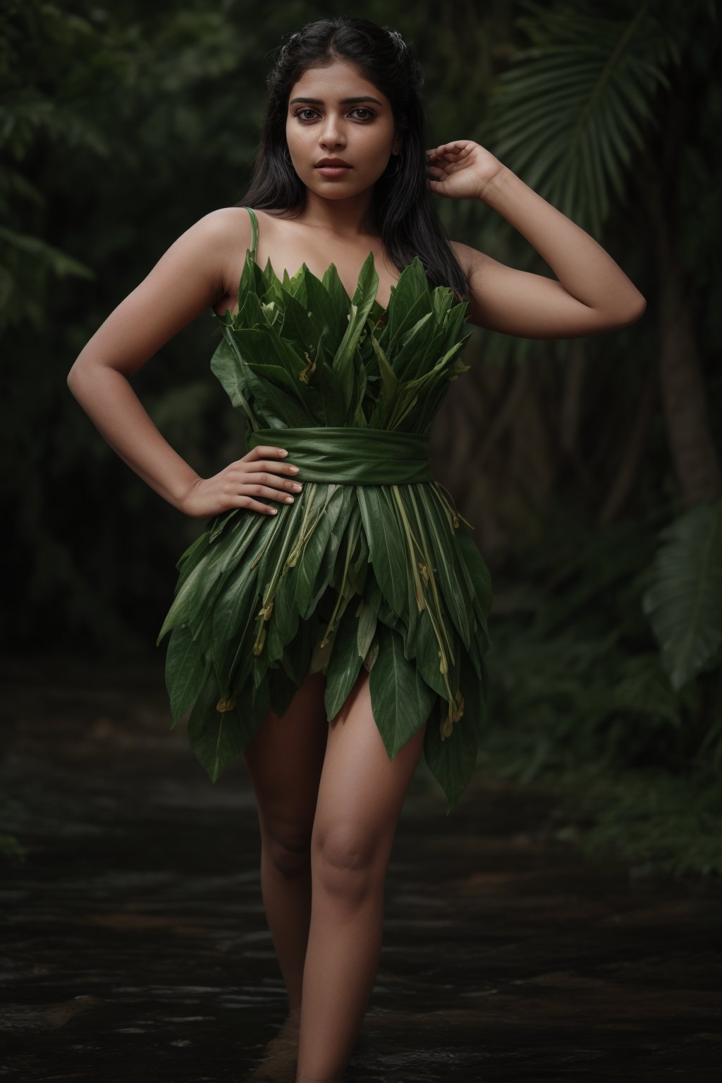 Create a costume with Plantain leaf only leaf no real dress, a beautiful young women in nature dress, 