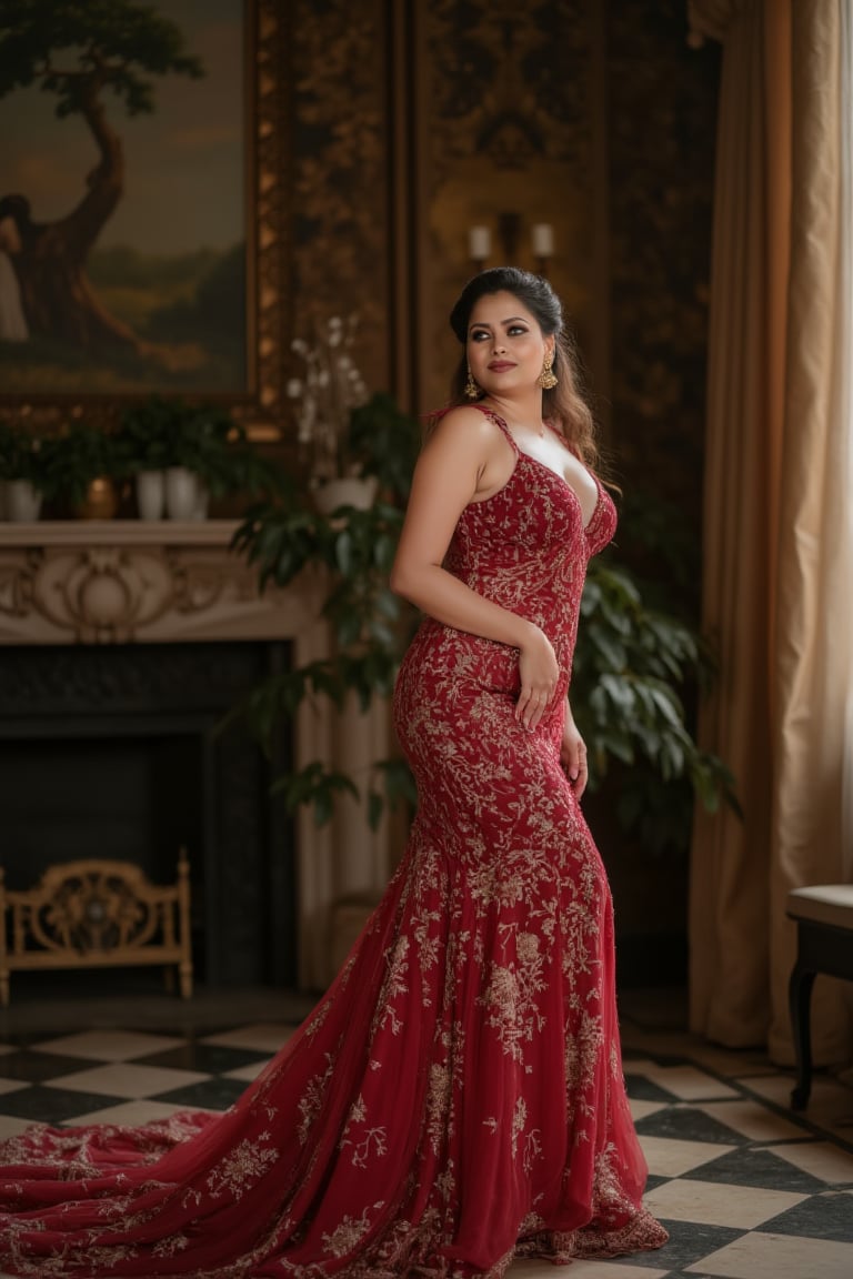 ohwx woman exudes elegance in a sophisticated glamour shot, her sumptuous evening gown set off against a grand, ornate backdrop.,mallu