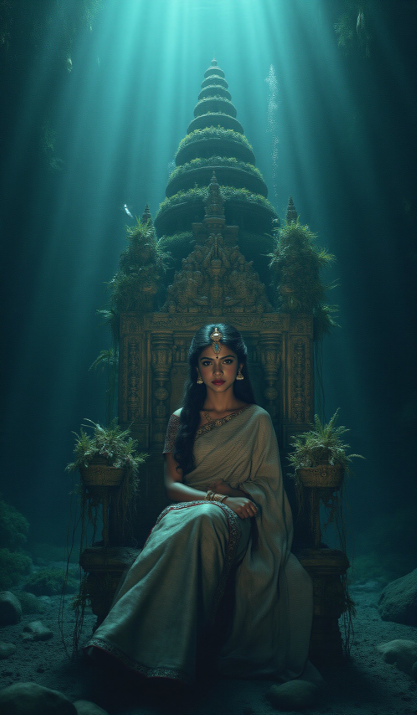 Deep beneath the sea lies a Kerala city submerged for centuries. At the center of this underwater kingdom, a girl with striking, expressive eyes sits on a grand throne carved from coral, her face illuminated by soft beams of light from above. Her facial features are delicate yet regal: high cheekbones, a small, sharp nose, and full lips painted with a hint of coral red. Her traditional Kerala saree, shimmering with silver and gold accents, drifts gently in the water, as her long, flowing hair cascades down her shoulders like dark waves. She wears a crown made of seashells and pearls, and her jewelry glimmers in the dim light. Surrounding her are the remnants of Kerala architecture, overtaken by marine plants, while schools of fish and sea turtles glide past, adding life to the ancient ruins.
A sprawling Kerala city lost to the ocean, its once-bustling streets and grand palaces now silent and submerged. The city’s architecture, with its iconic tiled roofs and wooden structures, is still recognizable, though covered in coral, barnacles, and sea plants. Large stone temples, adorned with elaborate sculptures of deities, stand partially collapsed,
