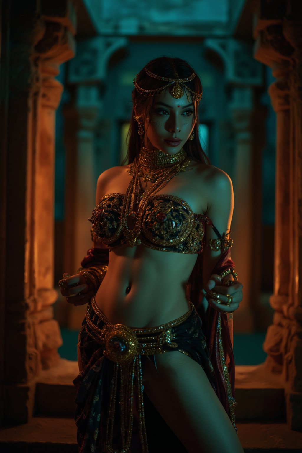 A realistic photographic portrayal of the Goddess of Kamasutra, standing gracefully in an ancient temple with her navel prominently emphasized (navel:1). She is adorned with traditional gold ornaments and an elaborately draped saree, both glistening under the sharp, cinematic lighting. Her makeup is bold and extreme, with dramatic eyeshadow, dark eyeliner, and rich lip color that accentuates her sensual features. Her skin is rendered in exquisite detail, every curve and texture captured in sharp focus, thanks to the Arri Alexa LF camera. The teal and orange color grading creates a warm and mysterious ambiance, with lighting from the front and background Ts Sara Salazar