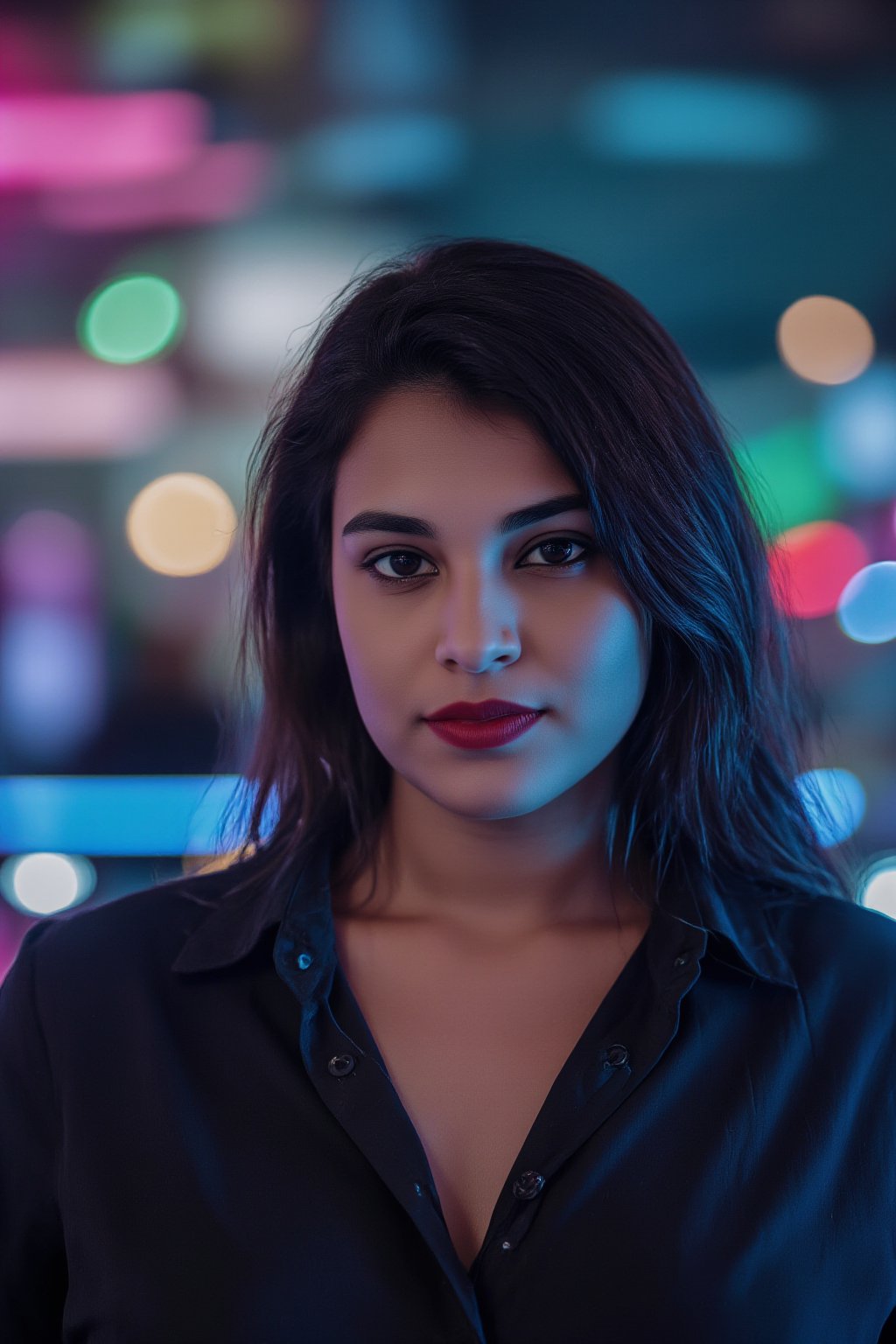 A beautiful women cinematic lighting futuristic city, shot on arri Alexa XT, teal and Red lighting setup,The atmosphere is fun and inviting, featuring colors like black, blue, dark blue, dark purple, gray, light green, purple, and orange. Neon lights in pink, blue, and green illuminate the space, creating a bokeh and Depth of Fieldeffect. The focus is on the girl from the torso to the head, captured in a cinematic style with a Sony A7R IV full-frame camera

Indu30