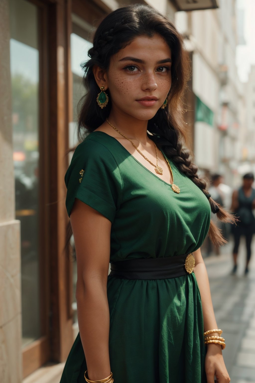 1girl, solo, long hair, smile, black hair, hair ornament, dress, jewelry, standing, braid, earrings, outdoors, day, dark skin, necklace, blurry, bracelet, dark-skinned female, cosplay, single braid, blurry background, facial mark, realistic, green shirt, photo background,Reshmi nair 