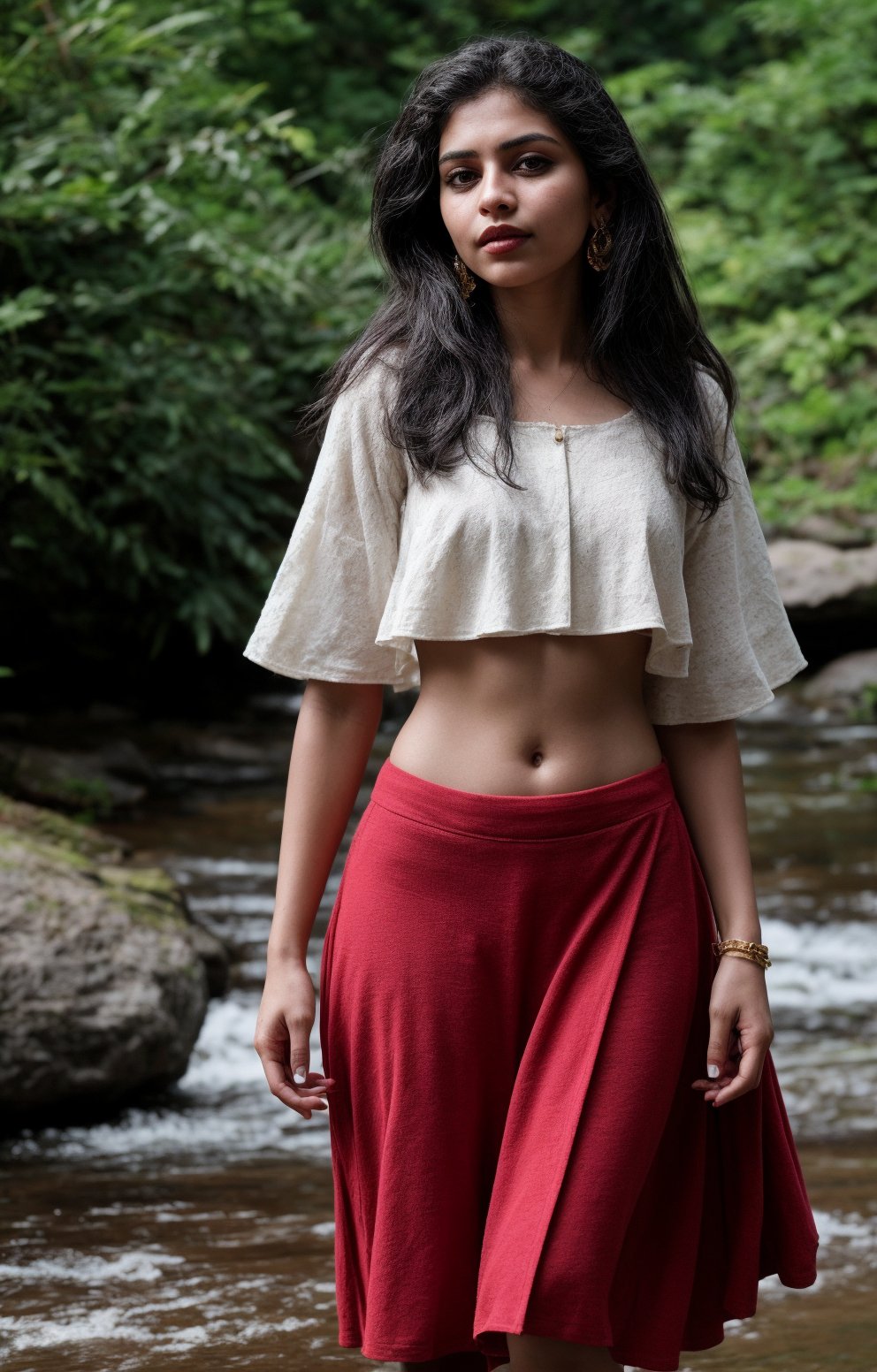 Beautiful curvy women, solo, long hair, skirt, shirt, black hair, jewelry, standing, full body, earrings, midriff, water, blurry, arms up, bracelet, tree, blouse, , blurry background, white skirt, red shirt, long skirt, rock, photo background, Indian traditional dress , 28yo, plumb , not slim,  The task is to annotate the image by identifying and describing its content using natural language. The image contains a woman standing in a natural setting, which includes a stream and rocks. She is dressed in traditional attire with a red blouse and a white skirt, adorned with gold detailing. Her pose and the serene environment suggest a connection with nature and possibly a cultural or personal significance to the attire and setting. The watermark indicates that the image may be from a collection or an artist's portfolio.