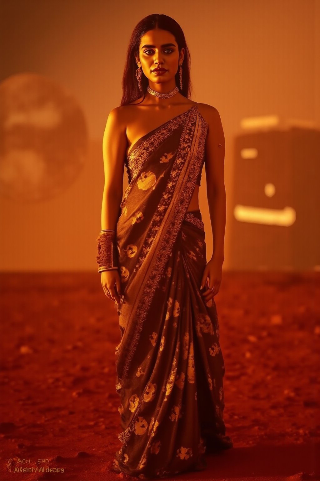 Mars Explorer in Traditional Attire
"A stunning Indian woman stands on the red, rocky surface of Mars, blending elements of her cultural heritage with futuristic technology. Mars rover near She wears a sleek saree, with glowing neon accents:1, customized to reflect traditional Indian motifs, such as intricate gold patterns and a sari-like drape over her shoulder. Her hair wave, mars effect, mars havy sand storm:1.4, revealing a radiant face with sharp, determined eyes. The harsh Martian environment contrasts with her beauty, while the backdrop features the dusty Martian landscape, distant planets, and a futuristic space colony on the horizon. The lighting is dramatic, with warm tones highlighting the red sands of Mars, creating a powerful, cinematic scene captured in ultra-realistic photography."

Details: face texture, perfect eyes, 5 finger on each hands, hair details, costume texture perfect, symmetry, Sharp background,