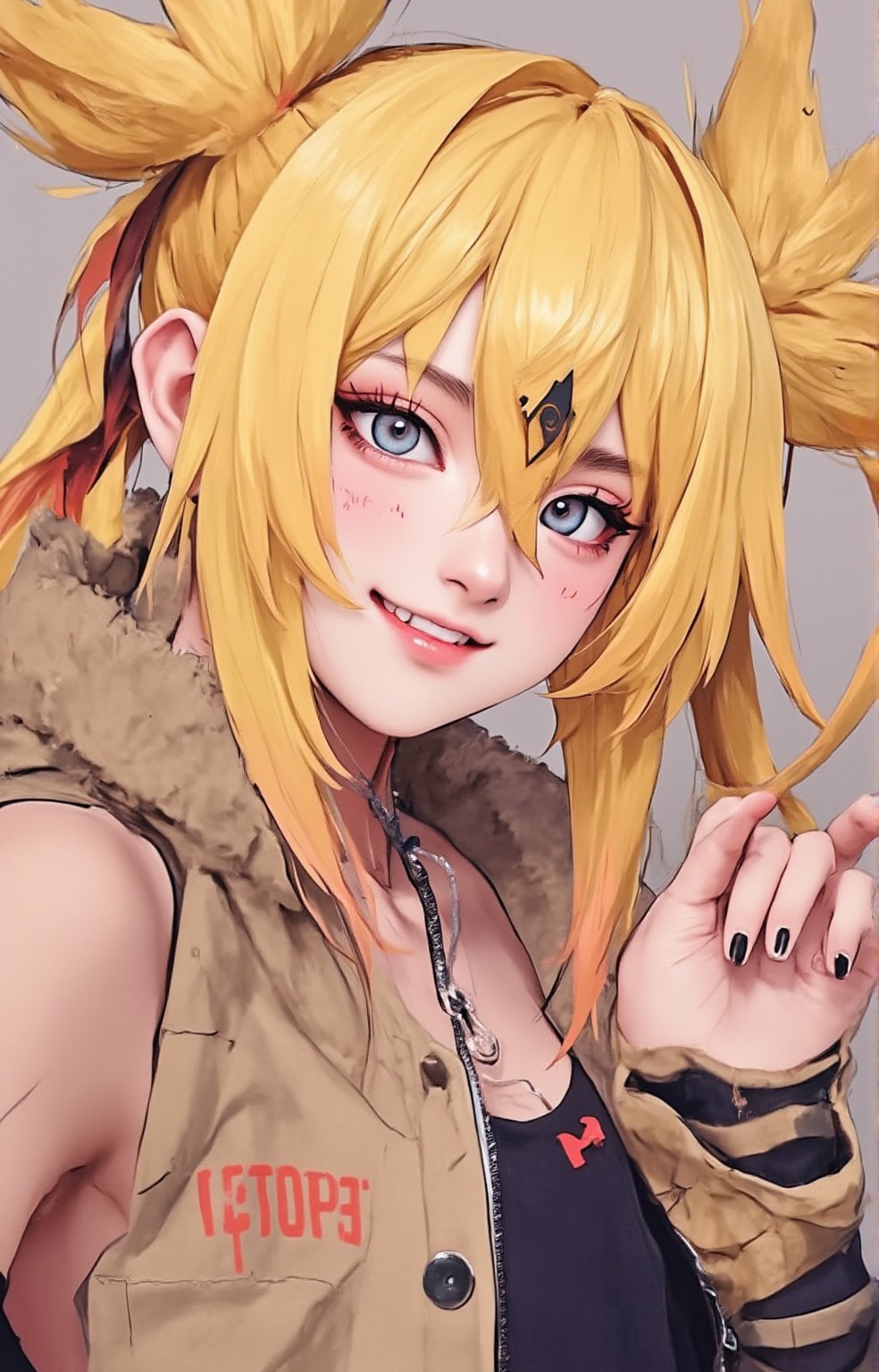 1girl, solo, long hair, looking at viewer, smile, blue eyes, blonde hair, hair between eyes, twintails, fur trim, facial mark, genderswap, genderswap \(mtf\), zipper, whisker markings, uzumaki naruto