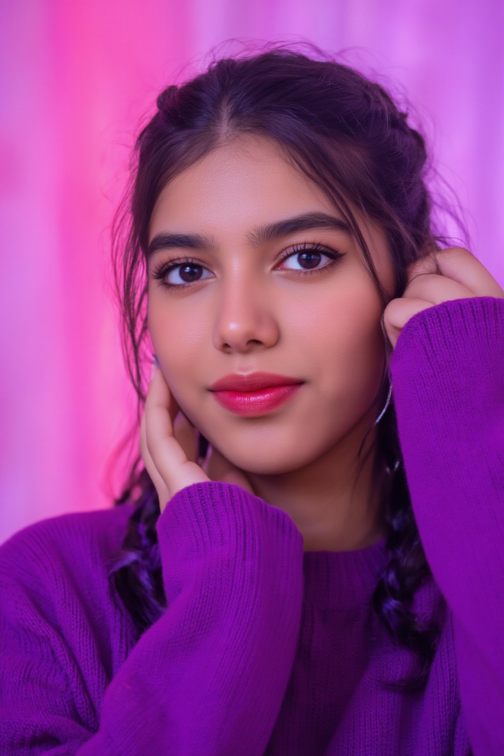 A photorealistic full-body portrait of a stunning 21yo hubggirl with perfect hands. She wears a vibrant purple sweater and double braids adorned with tiny earrings. Her shoulder-length purple hair is styled in intricate braids that cascade down her back. Her eyes are a deep, rich purple, framed by thick eyelashes and subtle makeup. A bold red lip color adds a pop of brightness to the overall gradient background, which transitions seamlessly from pink to purple. The subject's gaze is direct, with a hint of sassiness as she wears a trendy hat and sports a confident smile. Shut up, indeed!,Teenager 