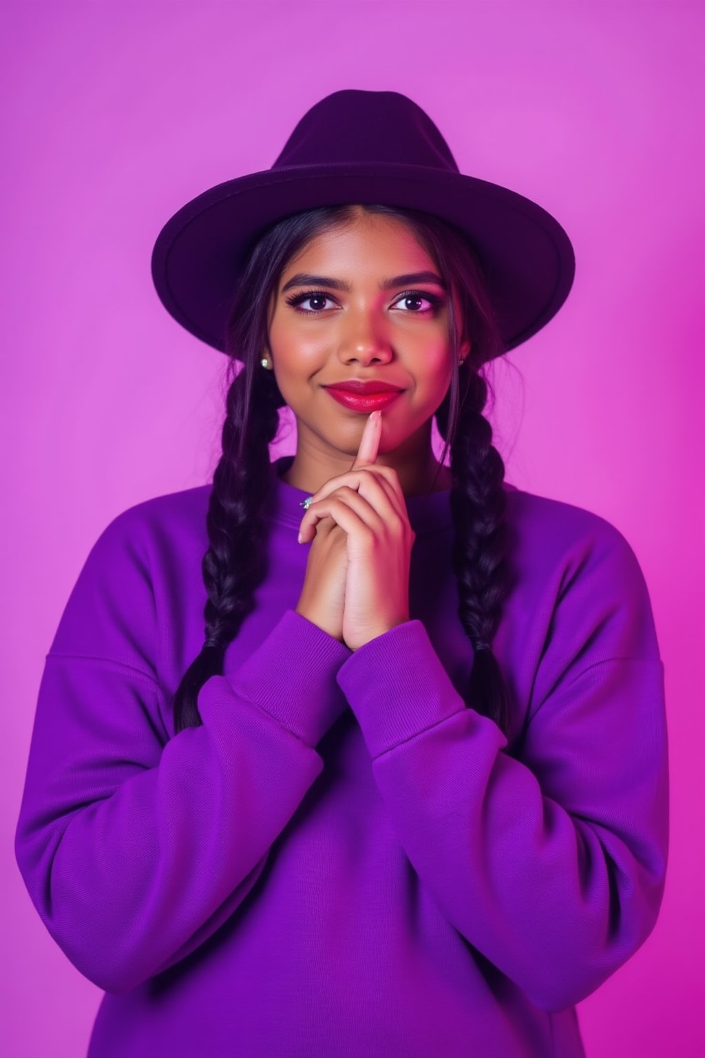 A photorealistic full-body portrait of a stunning 21yo hubggirl with perfect hands. She wears a vibrant purple sweater and double braids adorned with tiny earrings. Her shoulder-length purple hair is styled in intricate braids that cascade down her back. Her eyes are a deep, rich purple, framed by thick eyelashes and subtle makeup. A bold red lip color adds a pop of brightness to the overall gradient background, which transitions seamlessly from pink to purple. The subject's gaze is direct, with a hint of sassiness as she wears a trendy hat and sports a confident smile. Shut up, indeed!,Teenager 